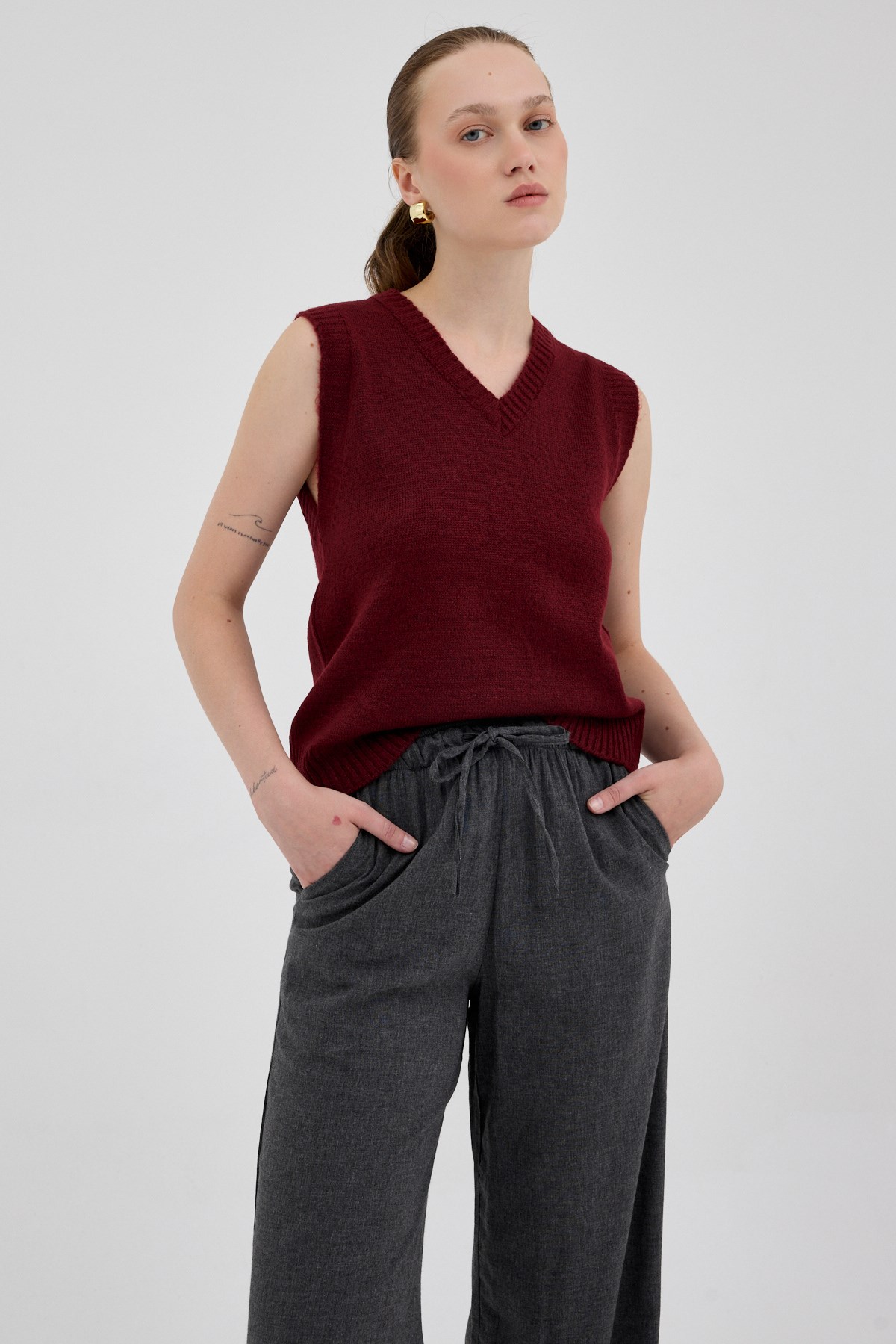 Bordo Oversize V Yaka Kadın Süveter 2292 6