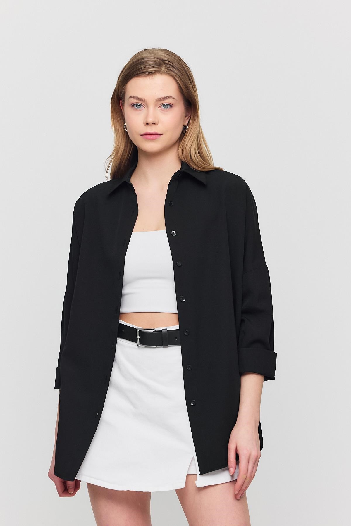 Siyah Relaxed Fit Rahat Kesim Basic Gömlek - 6621A