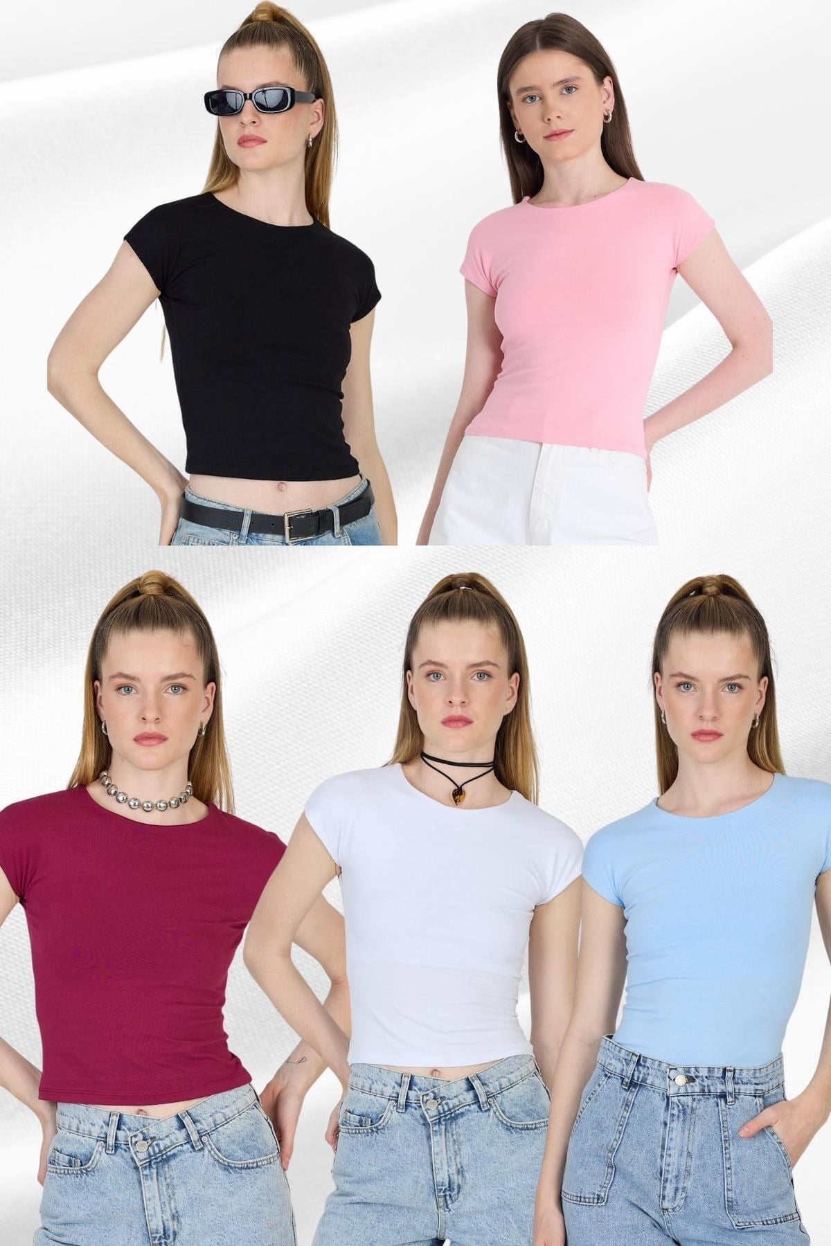 Renkli 5'li Bisiklet Yaka Pamuklu Slim Fit Tişört 9190