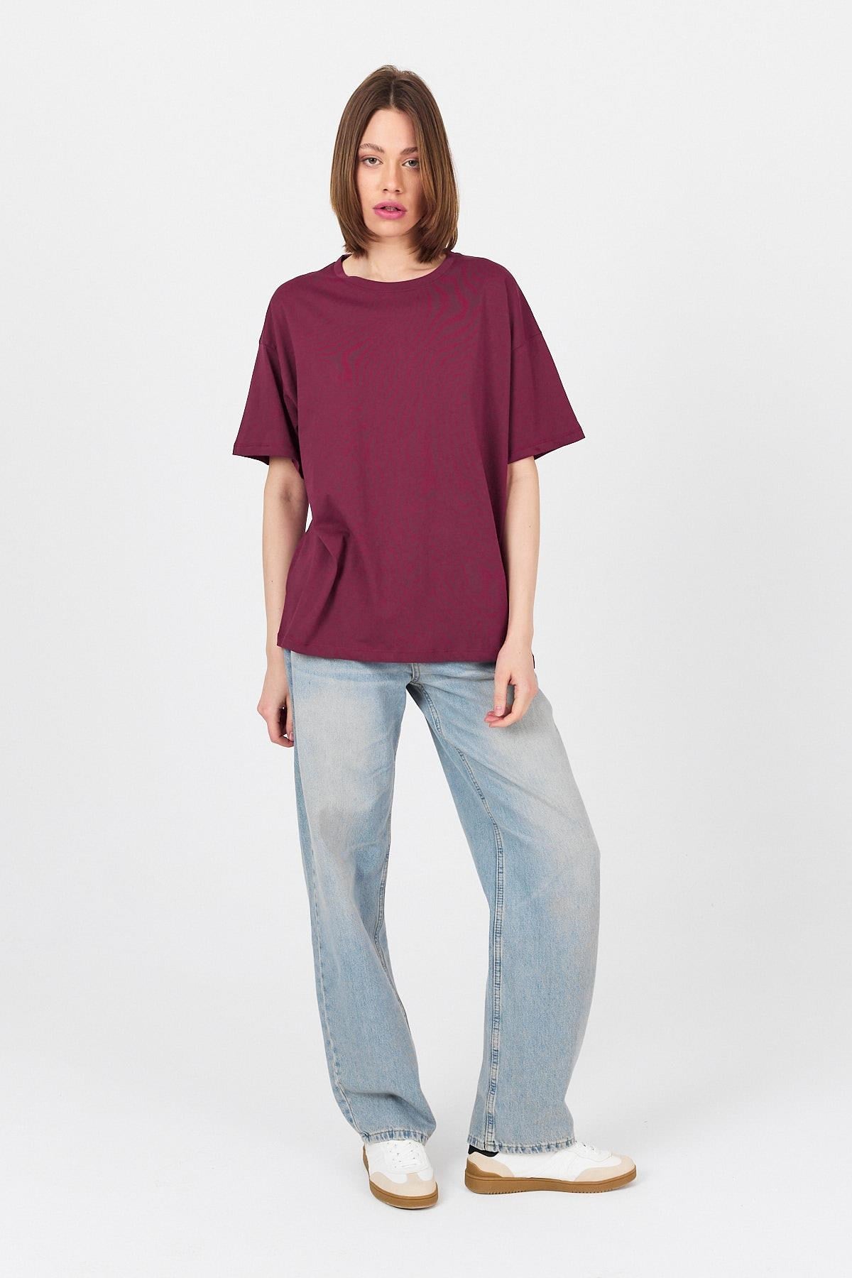 Bordo Omuz Yazı Baskılı %100 Pamuk Oversize Tişört 2150-30M 8