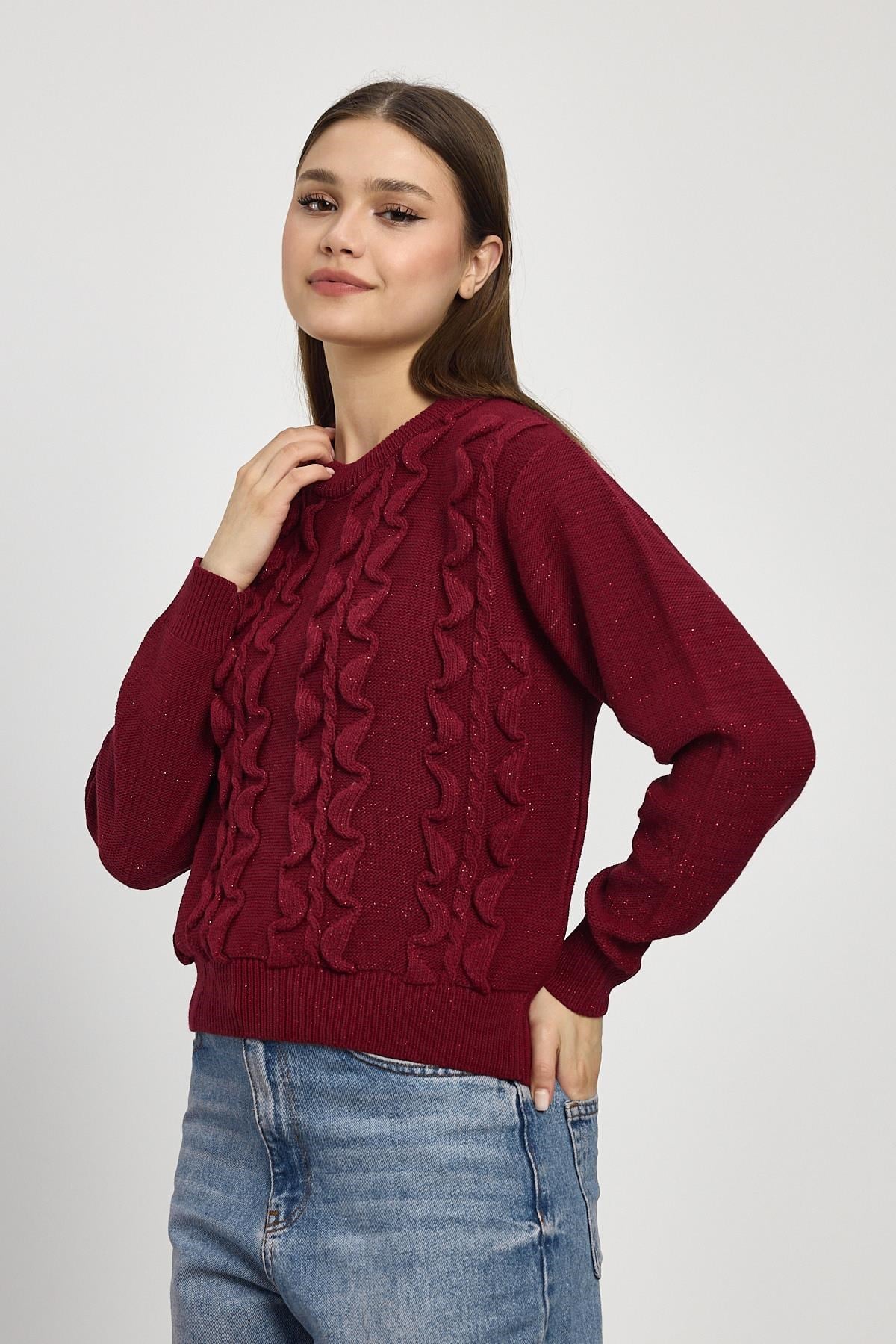Simli Fırfır Detay Kazak 24364 Bordo 3