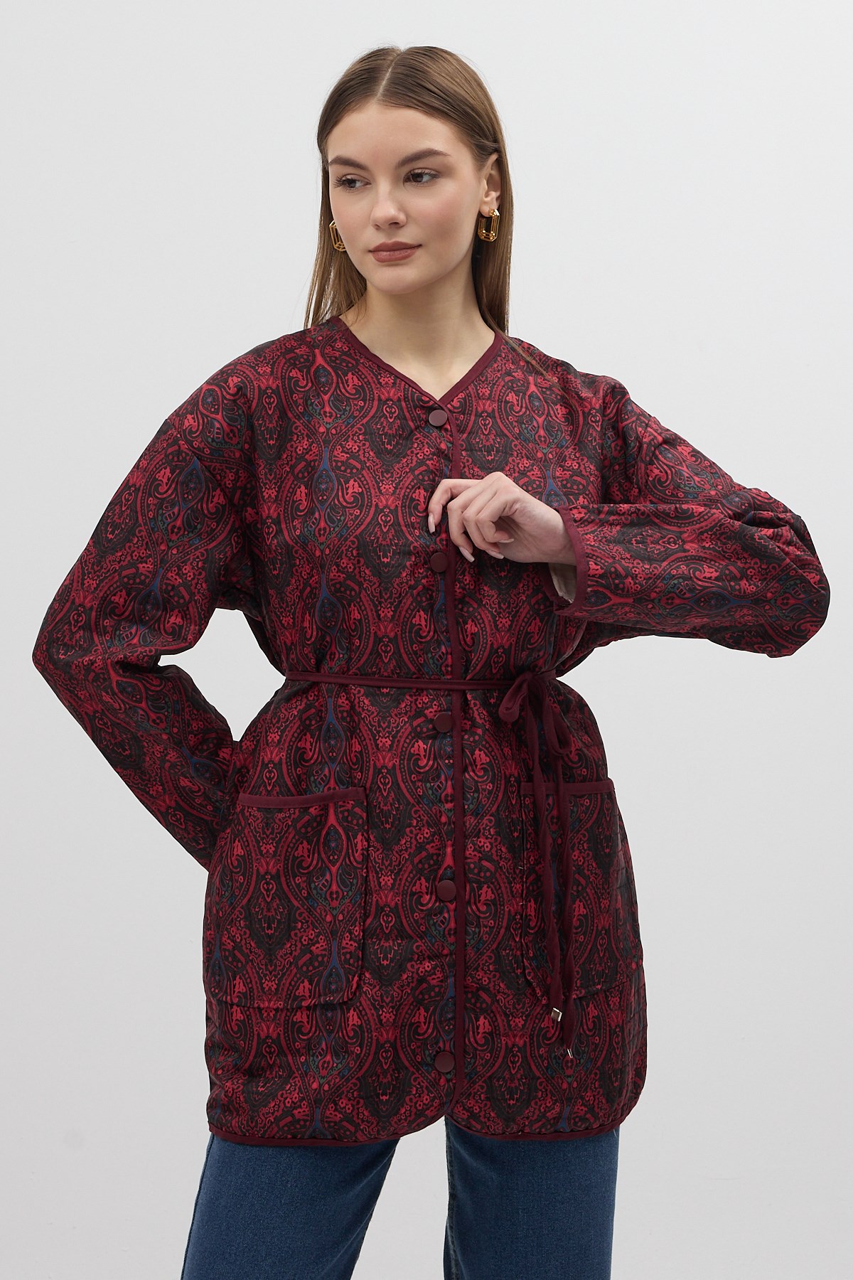 Bordo Etnik Desenli Kapitone Bel Bağlamalı Kadın Ceket 3496