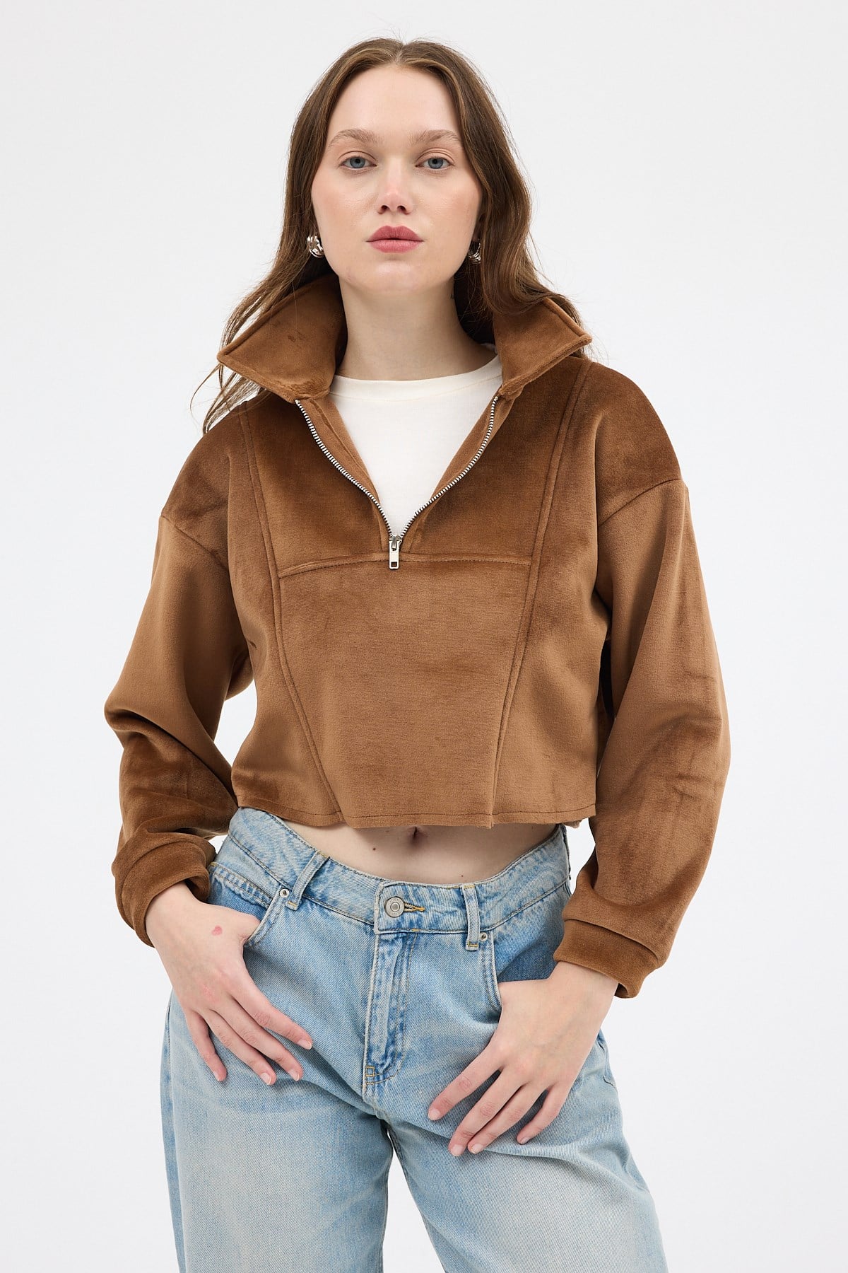 Taba Kadın Peluş Yarım Fermuarlı Crop Sweatshirt 3056A