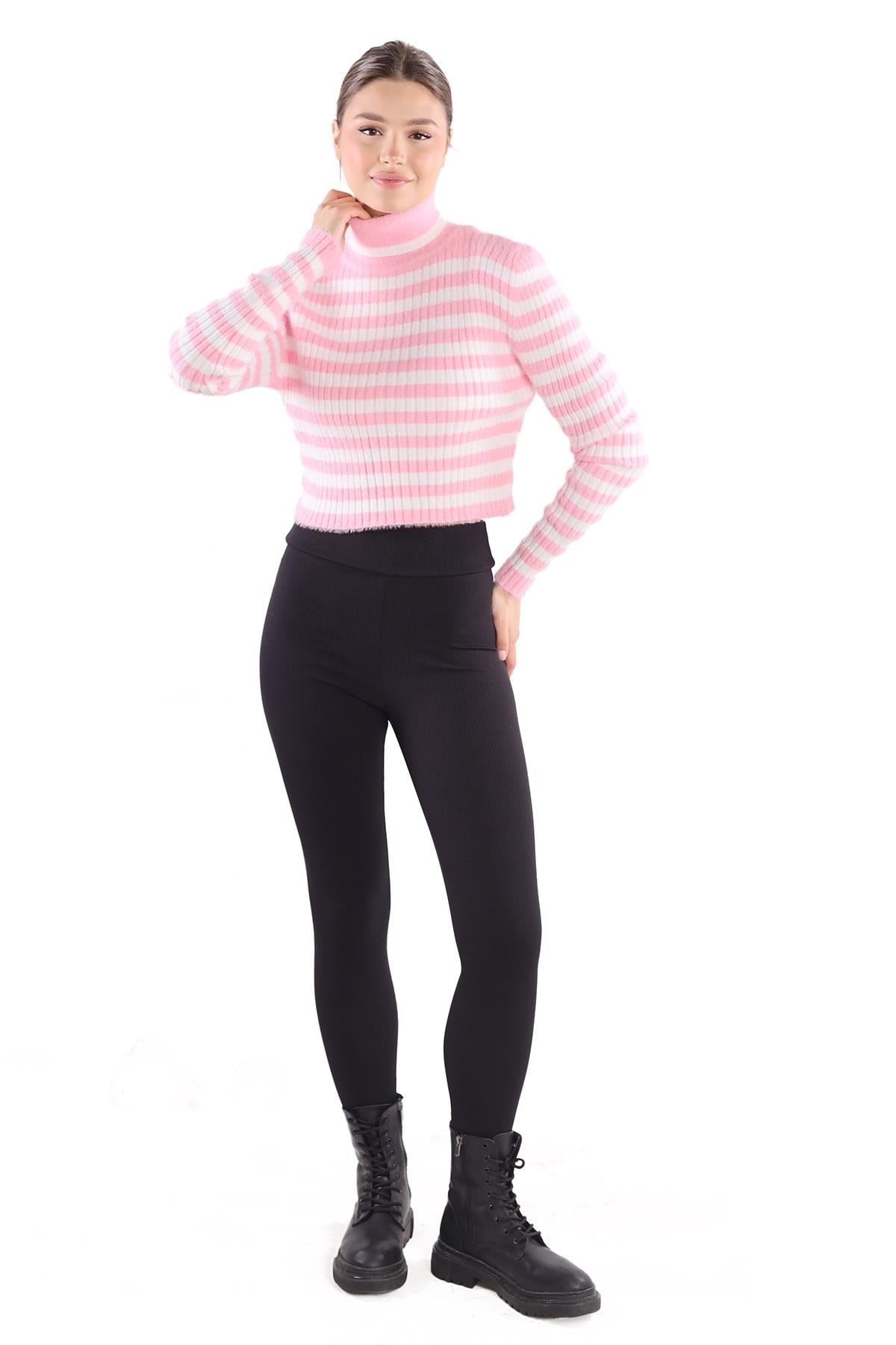 Boğazlı Çizgili Yumoş Kazak 6622 Pembe 2