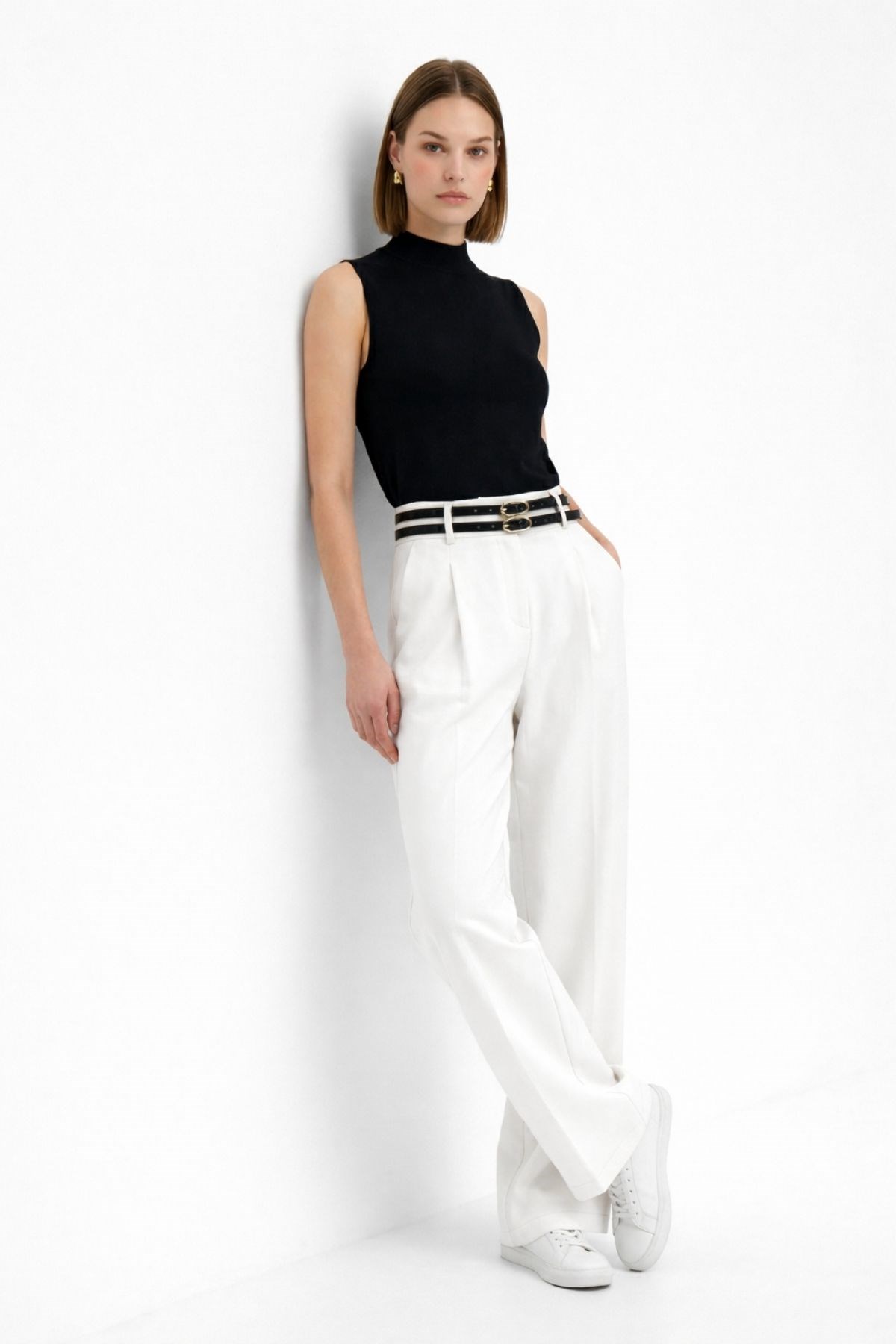 Çift Kemerli Pantolon 8413A Ekru