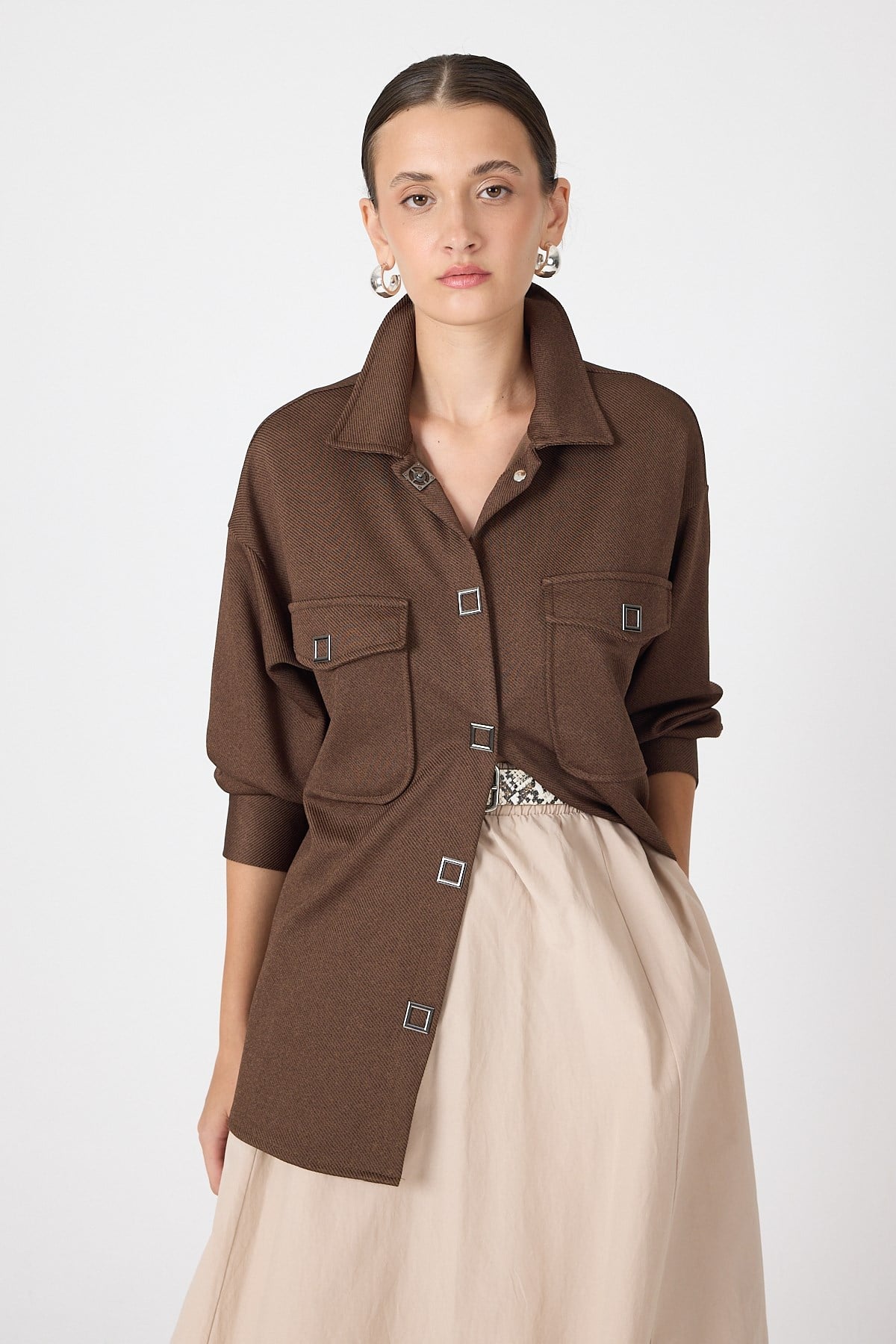 Kahve Oversize Cepli Kadın Gömlek Ceket 8130A