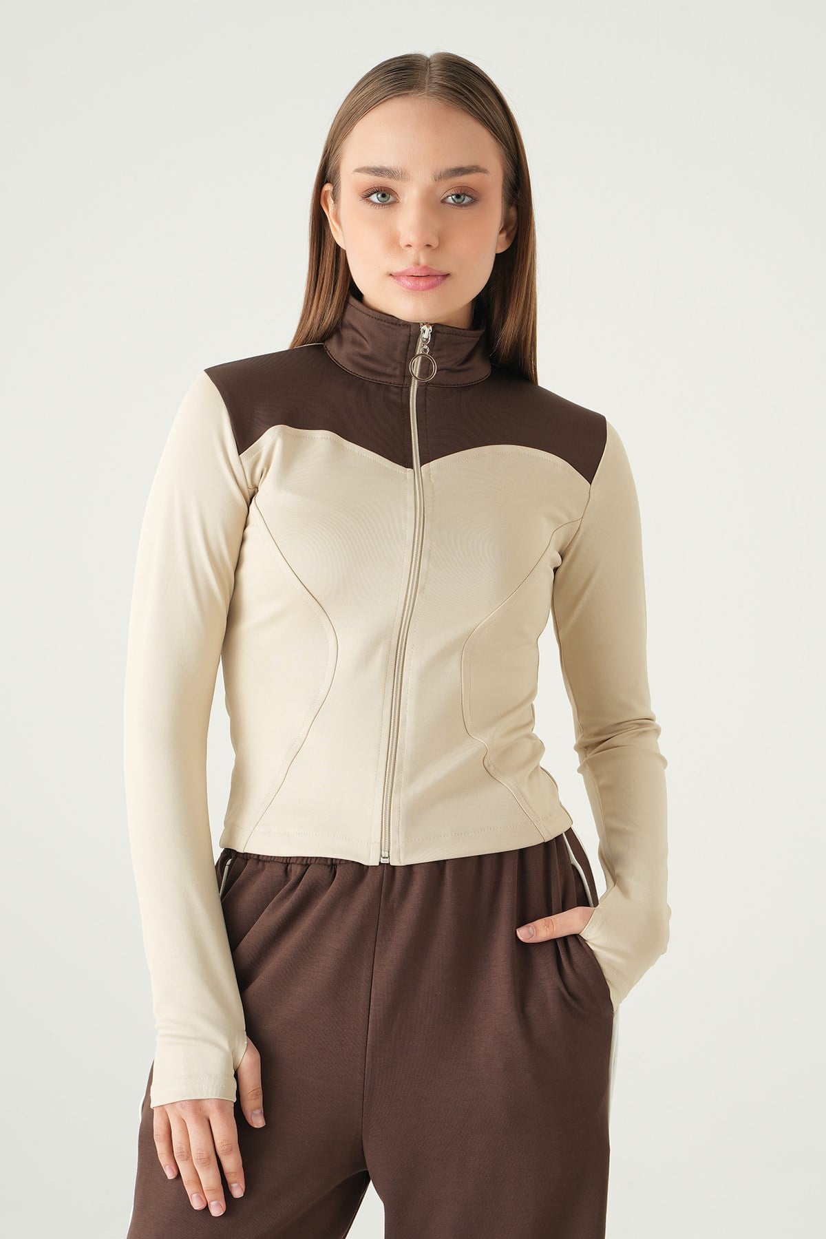 Ön Şeritli Fermuarlı Sweat 8325A Bej 2