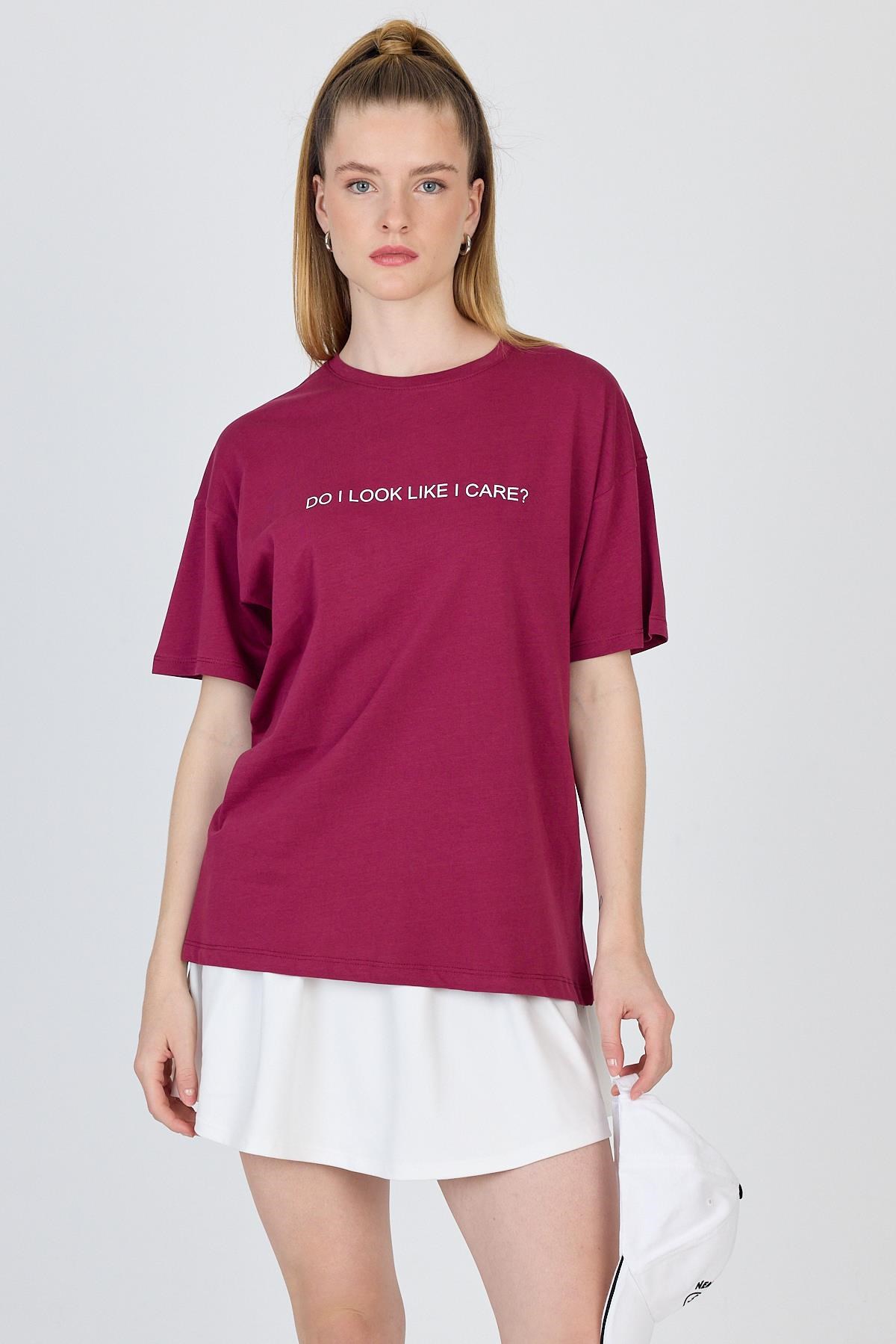 Bordo Yazı Baskılı %100 Pamuk Oversize Tişört 2150-5M