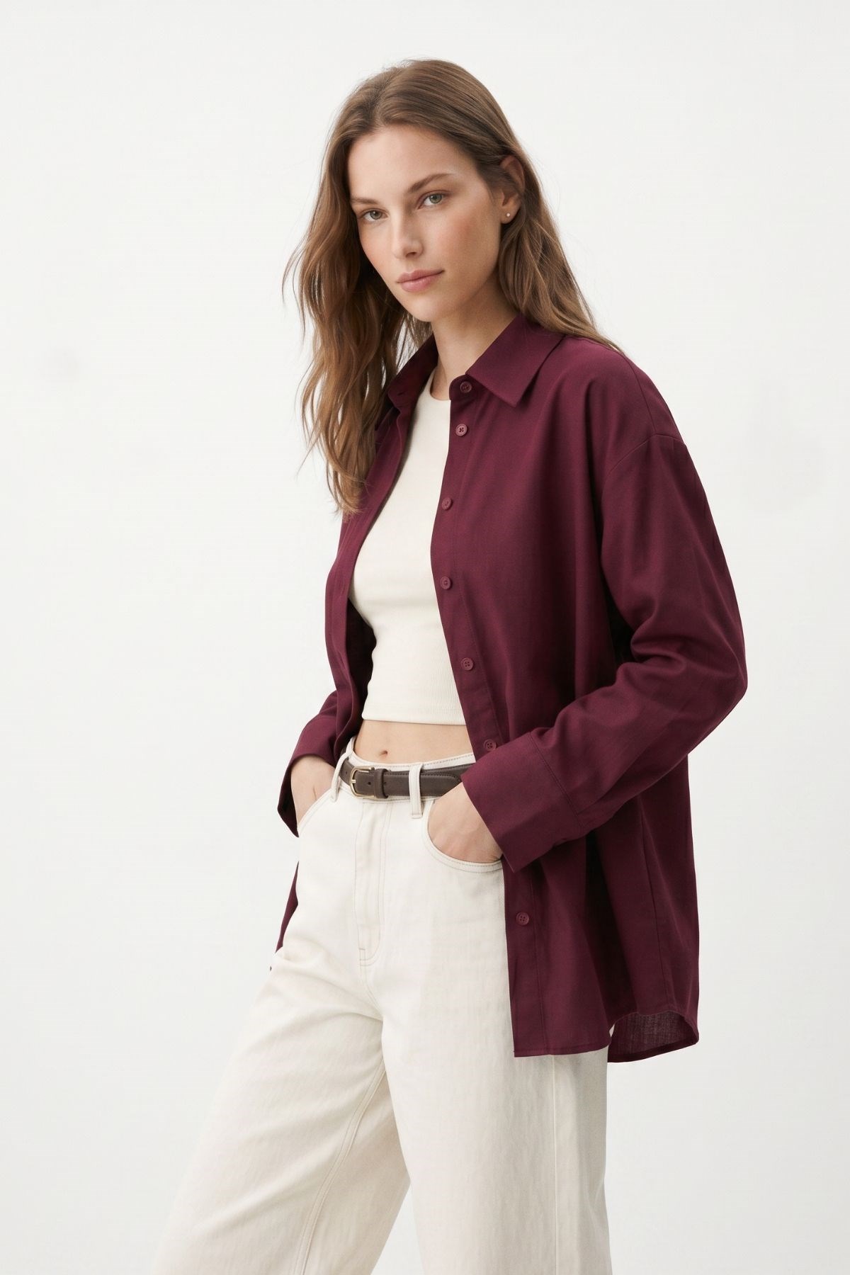 Bordo Relaxed Fit Rahat Kesim Basic Gömlek - 6621A