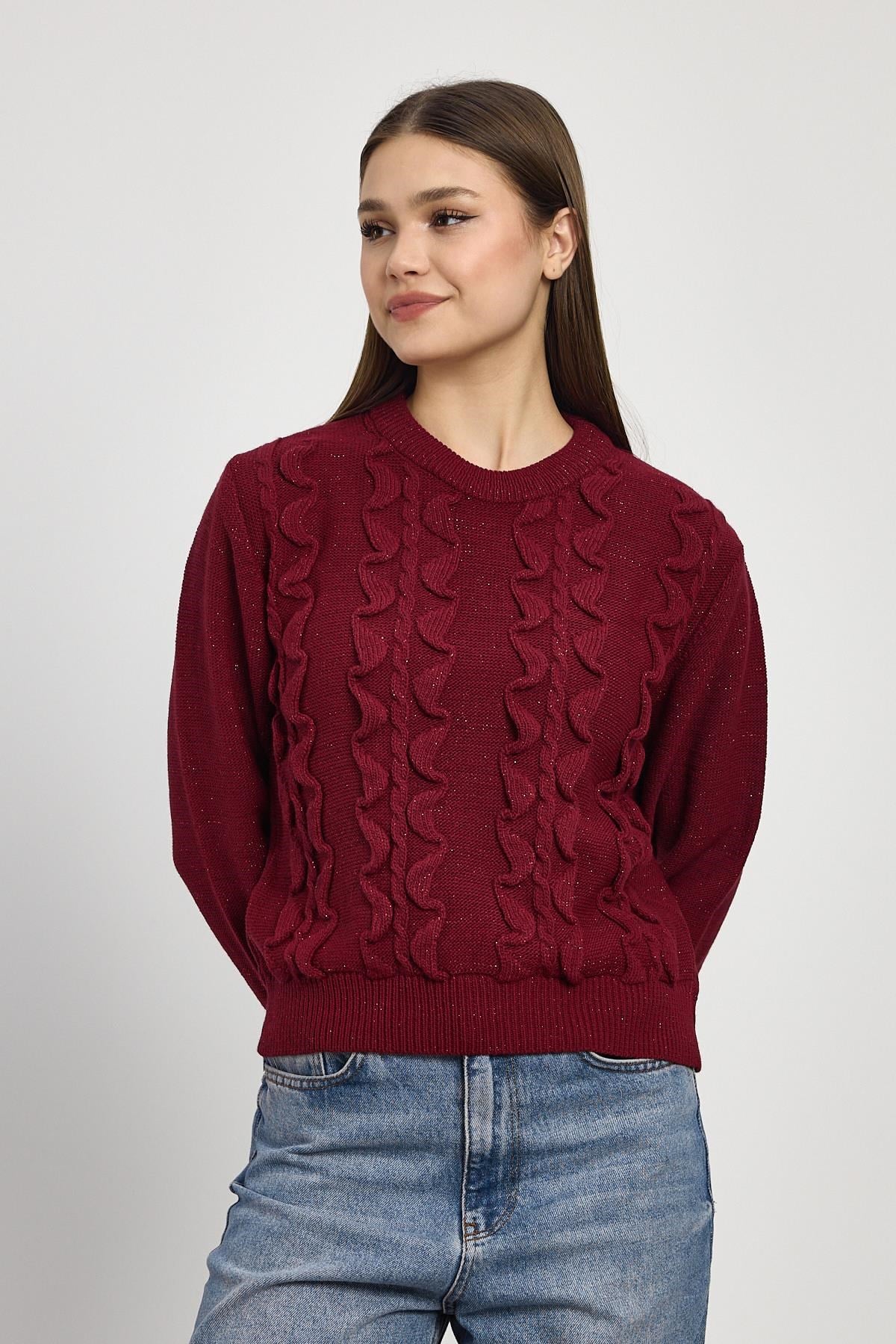 Simli Fırfır Detay Kazak 24364 Bordo 8