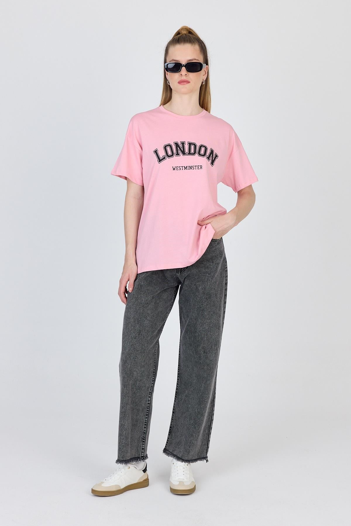 Pembe Yazı Baskılı %100 Pamuk Oversize Tişört 2150-9M 3
