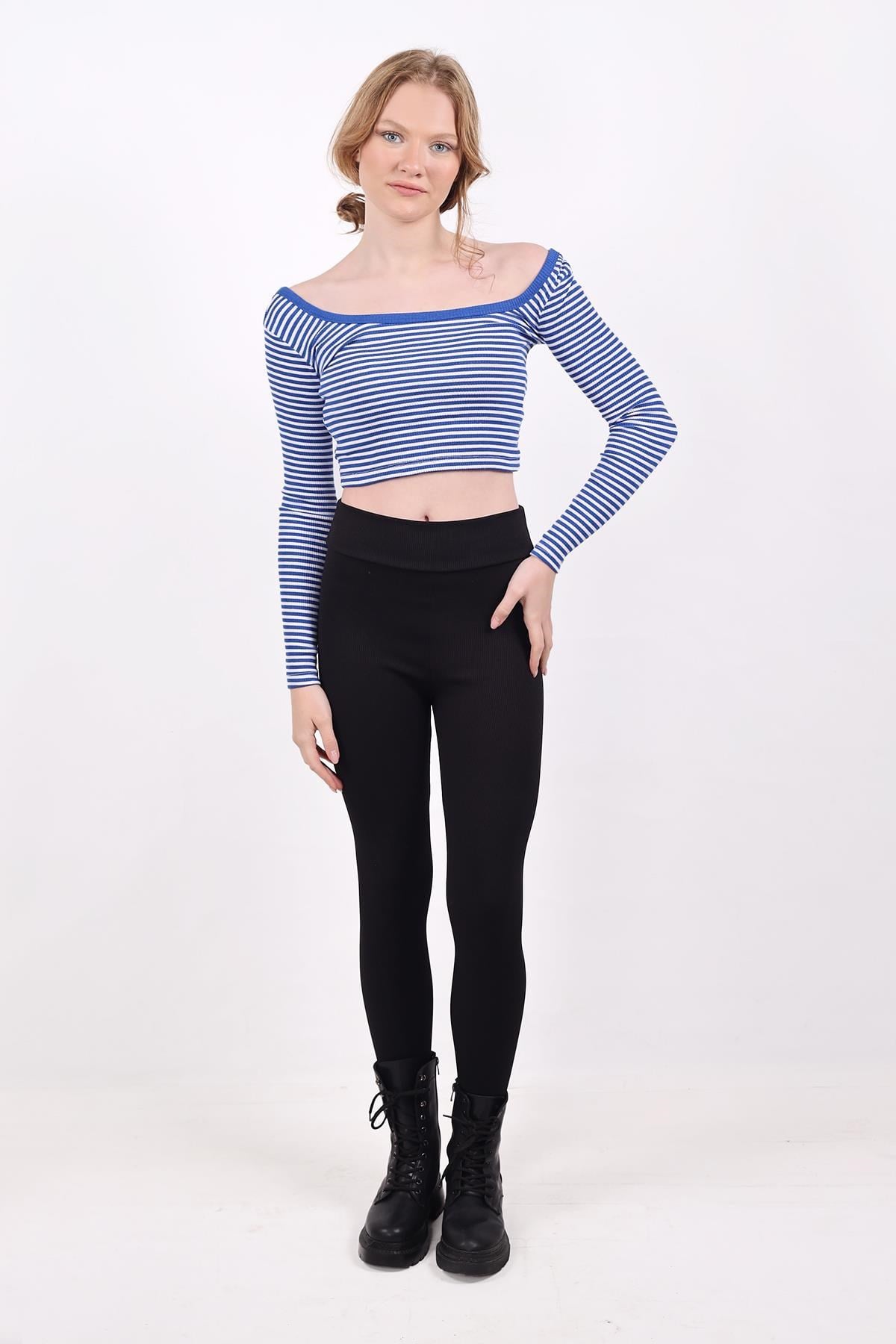 Kare Yaka Çizgili Crop Bluz 9904 Saks 2