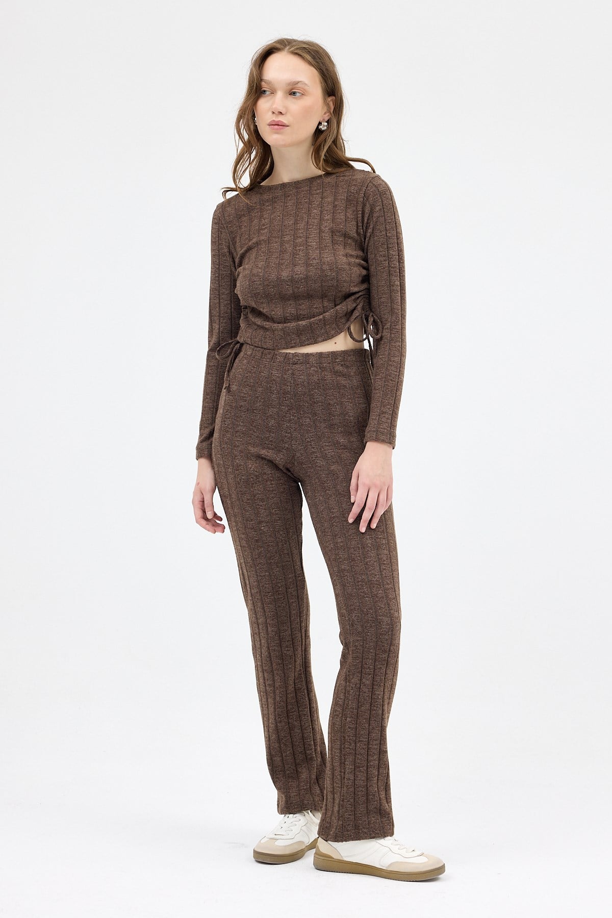 Kahve Fitilli Crop Bluz Pantolon İkili Takımı 8114A 3