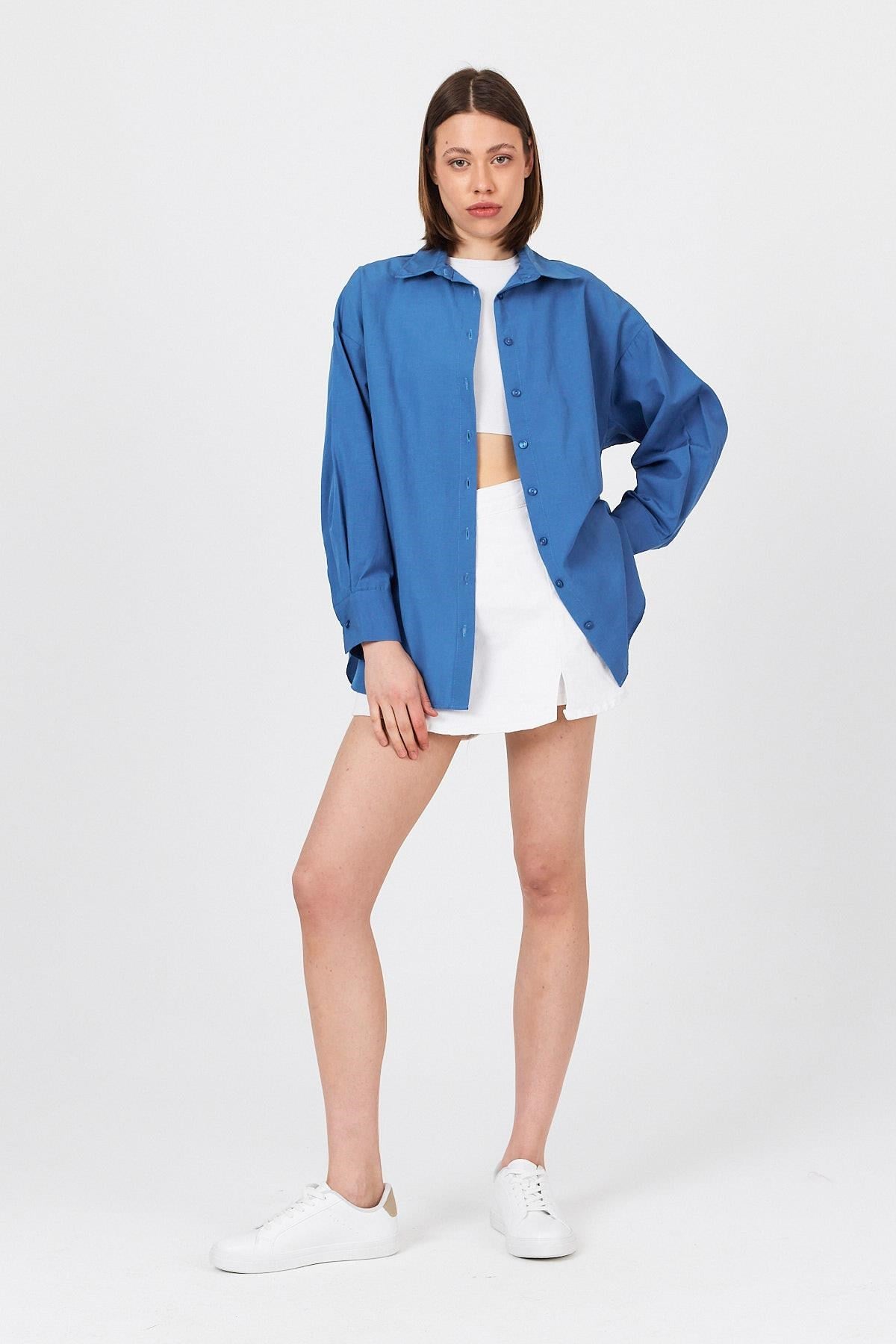 İndigo Oversize Basic Uzun Gömlek 4664A 3