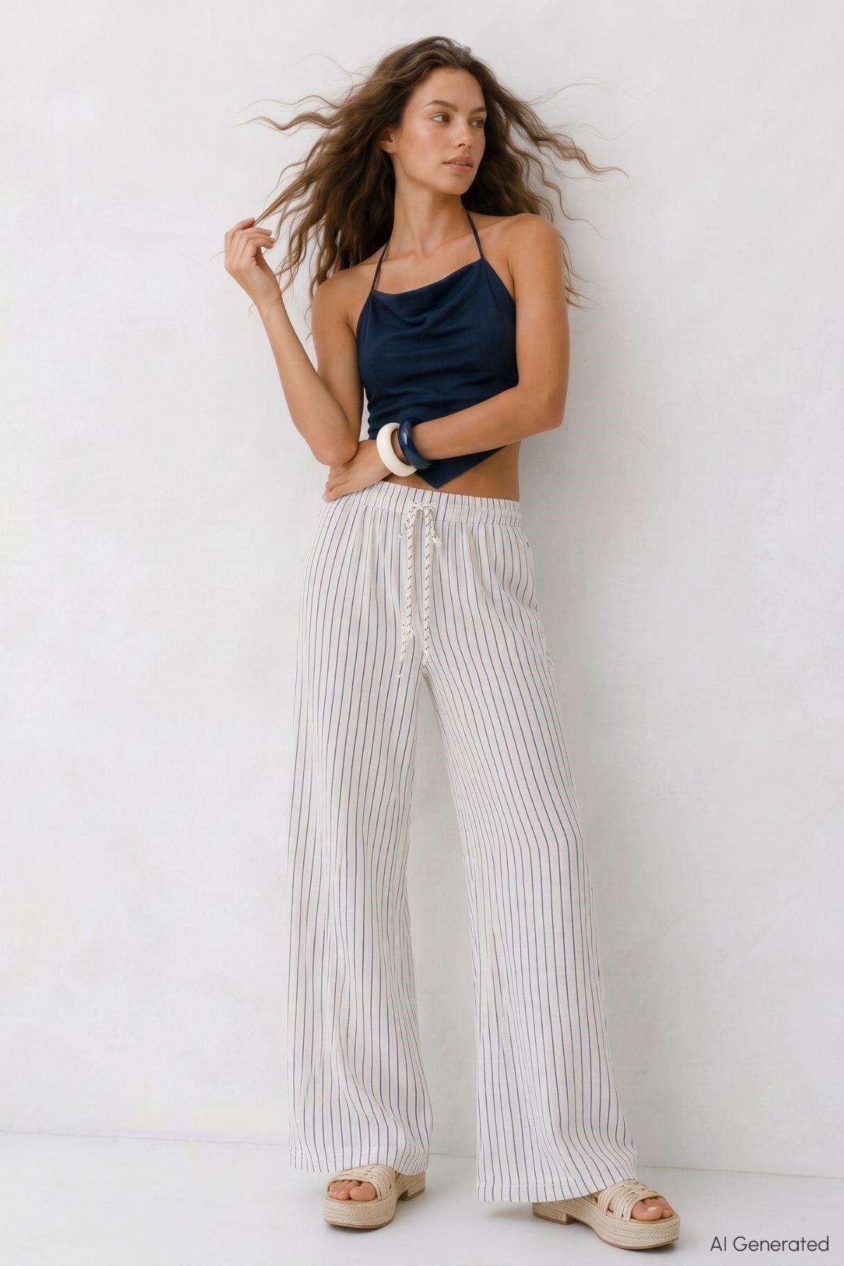 Cepli Çizgili Müslin Bol Paça Pantolon 8623A Laci 2