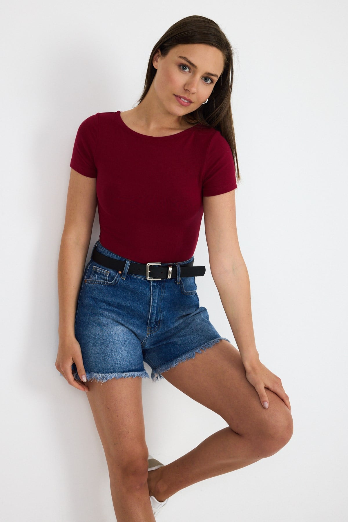 Bordo Bisiklet Yaka Viskoz/Yumuşak Kumaş Tişört 1469