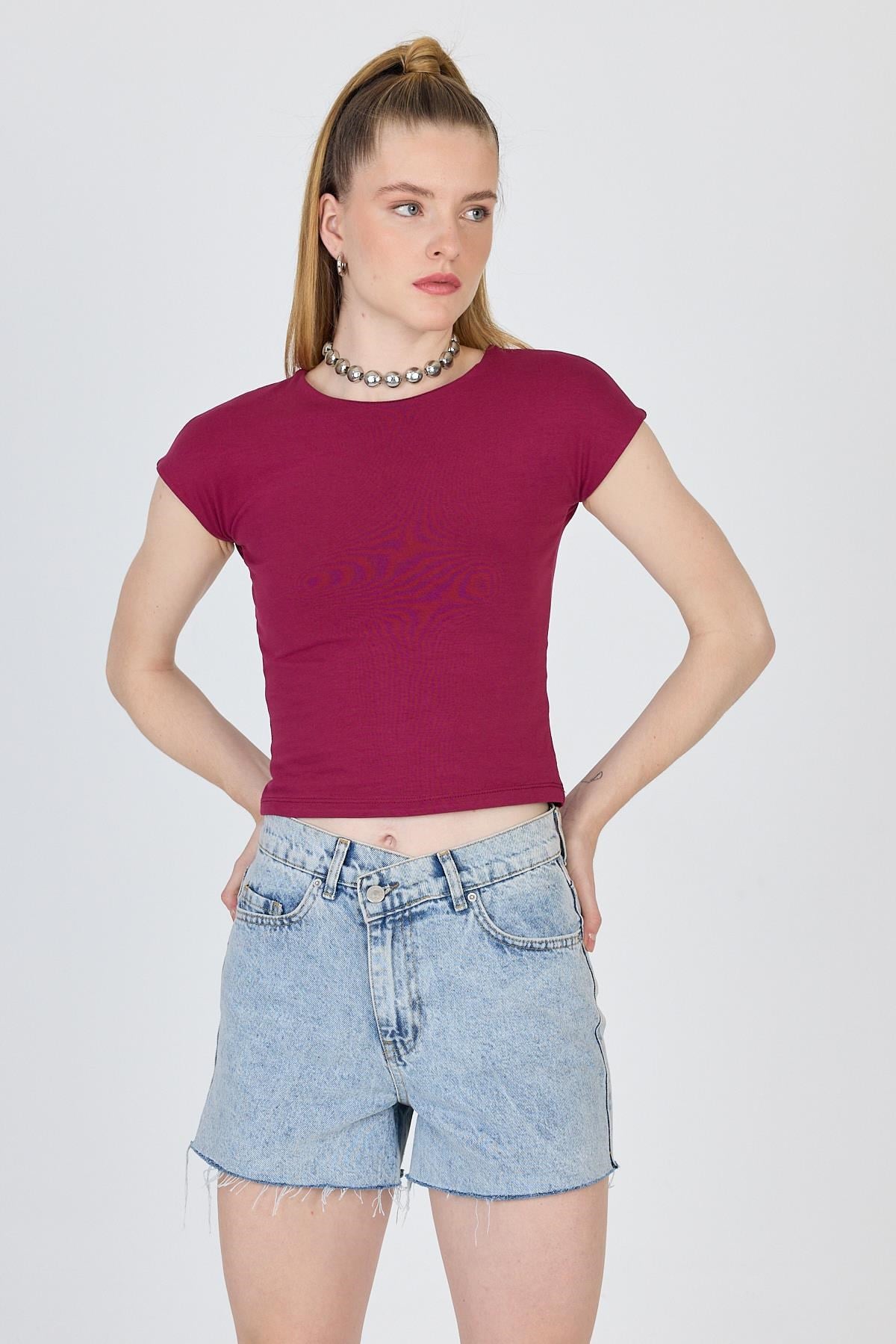 Bordo Bisiklet Yaka Pamuklu Slim Fit Tişört 9190 3