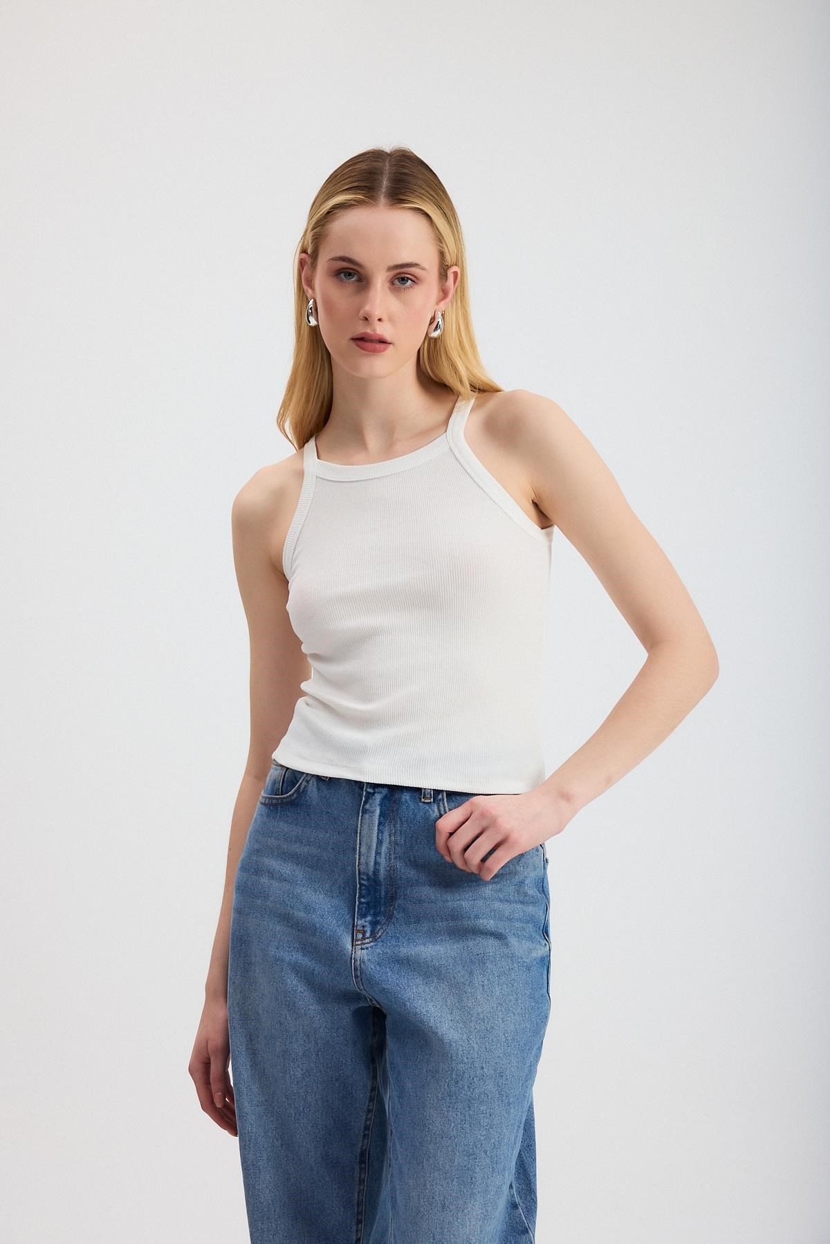 Beyaz -1121 Sıfır Kol Fitilli Halter Yaka Basic Atlet 6