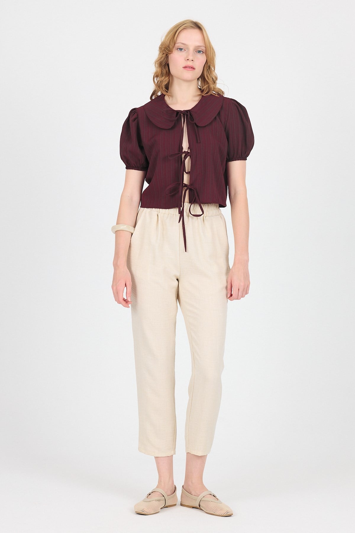 Bordo Bağlama Detaylı Bebe Yaka Crop Bluz 8064 3
