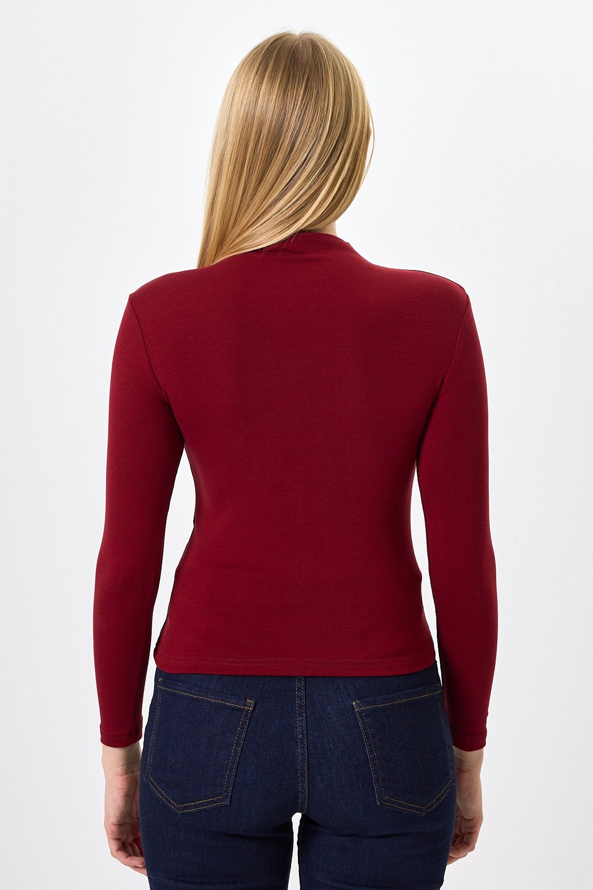 Bordo Uzun Kollu Yarım Balıkçı Yaka Dikiş Detaylı Kadın Body 8225A 5