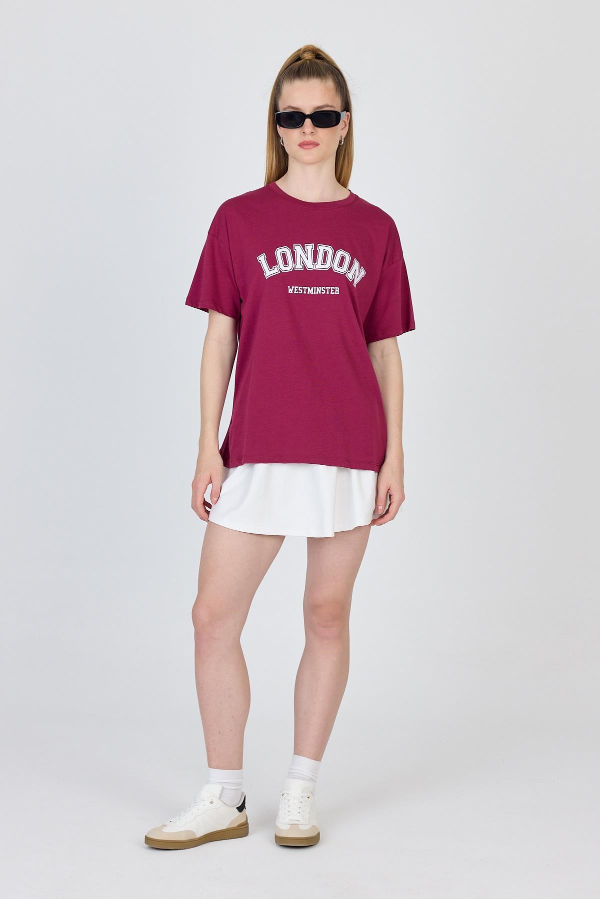 Bordo Yazı Baskılı %100 Pamuk Oversize Tişört 2150-9M 6