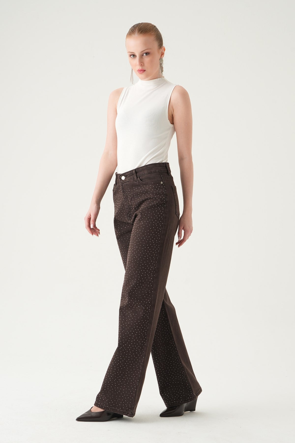 Taşlı Geniş Paça Jean 4910 Kahve 3
