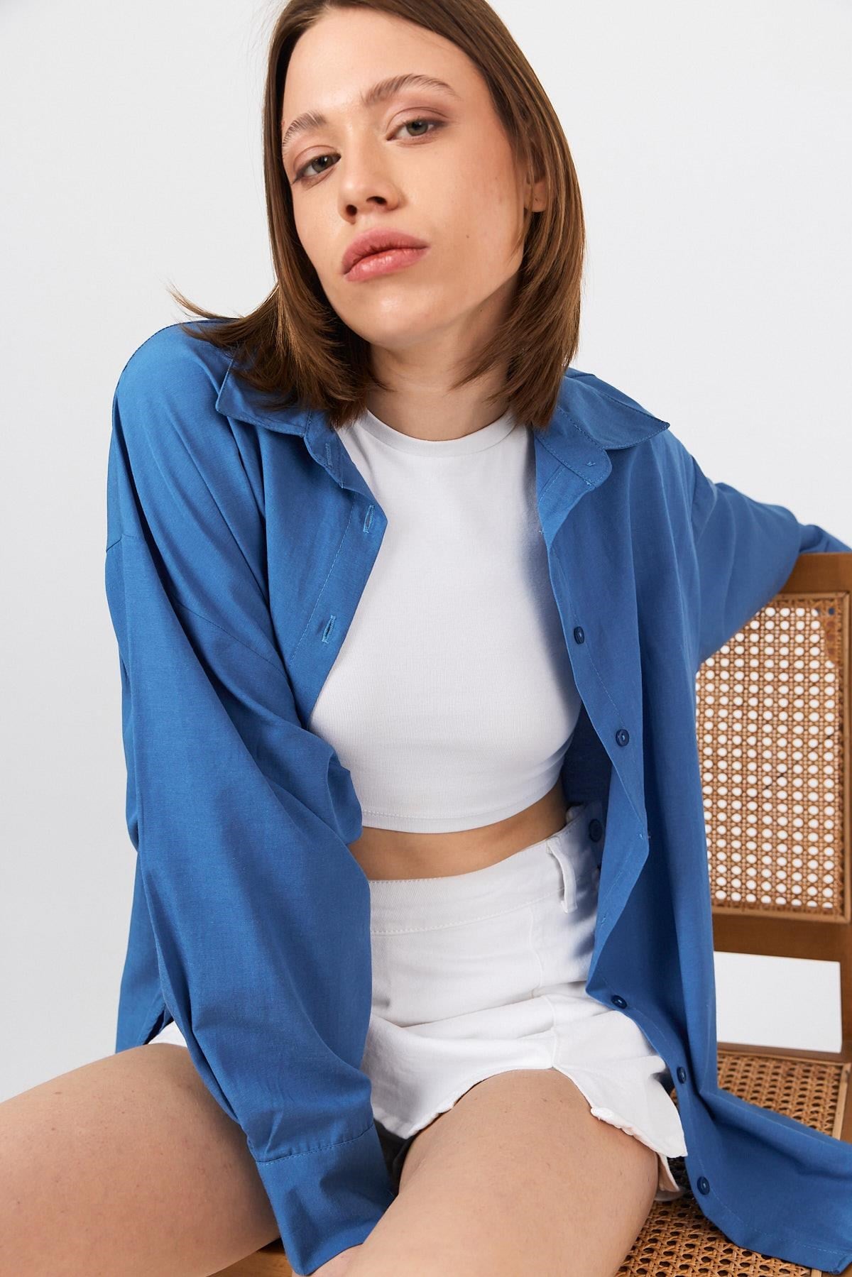 İndigo Oversize Basic Uzun Gömlek 4664A 4