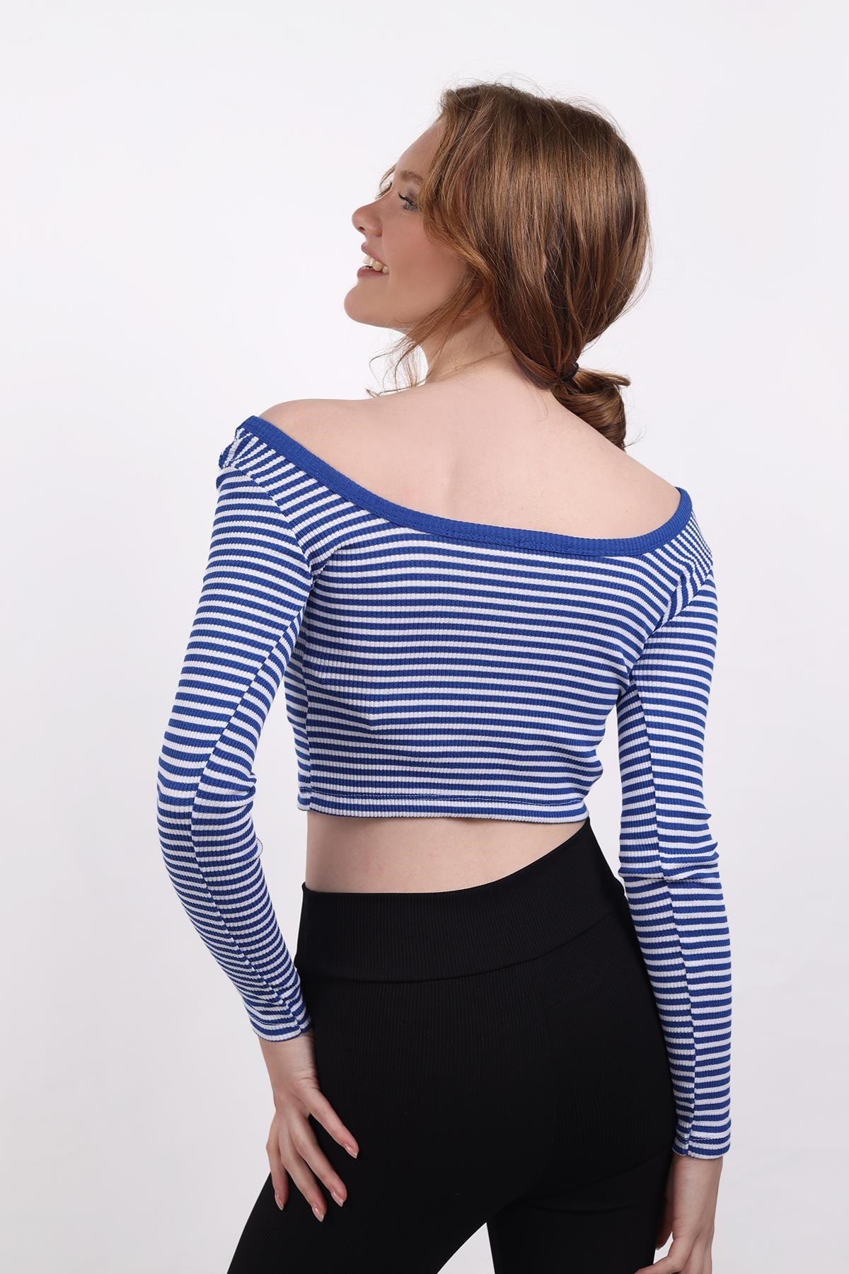 Kare Yaka Çizgili Crop Bluz 9904 Saks 6