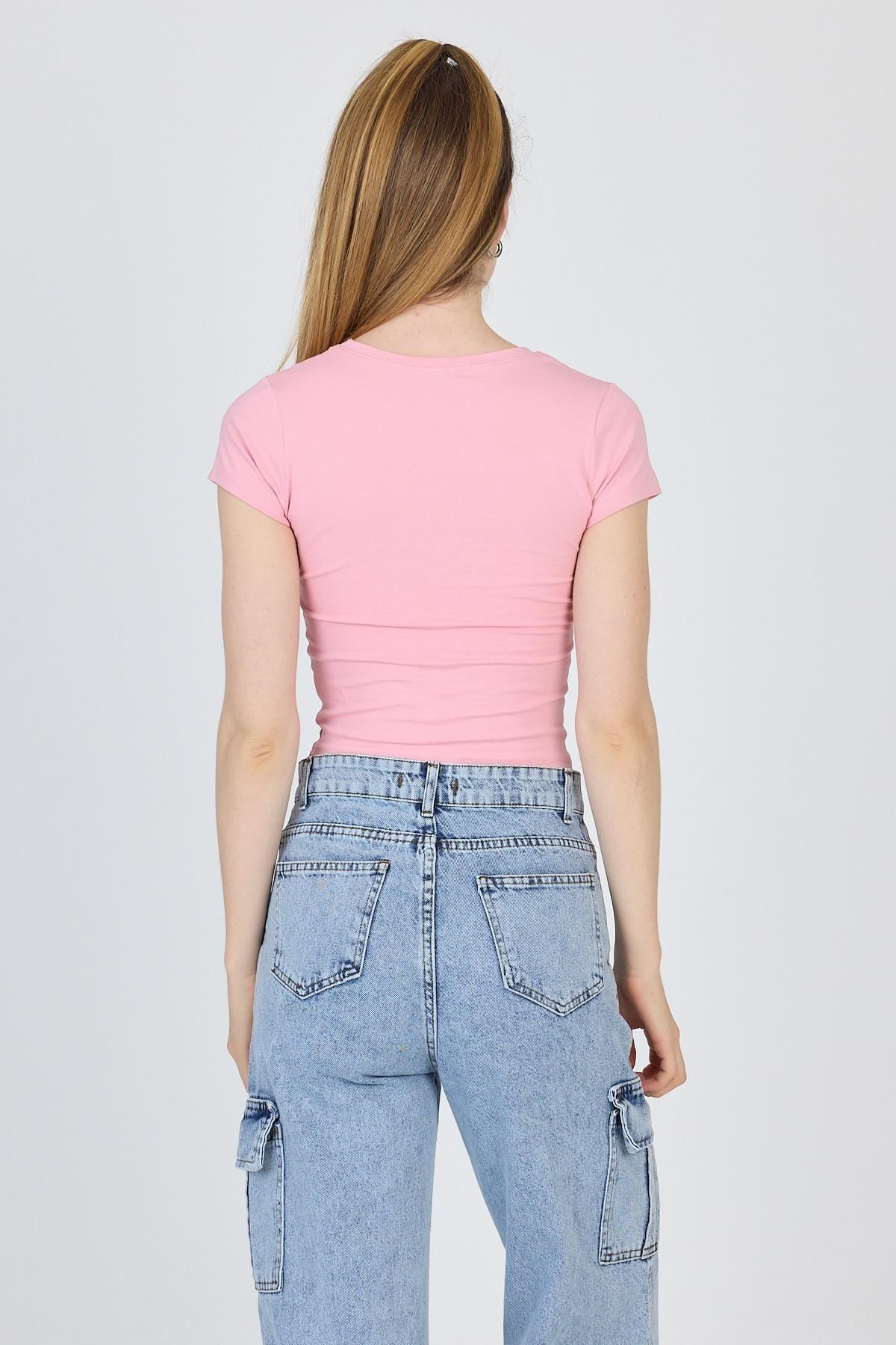 Pembe Bisiklet Yaka Basic Crop Tişört 9200M 5