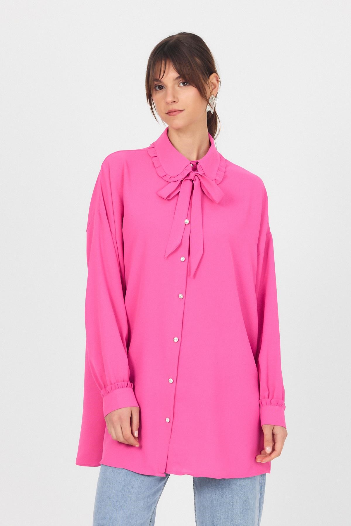 Pembe Fırfır Yaka Detaylı Bağlamalı Tunik 4586A