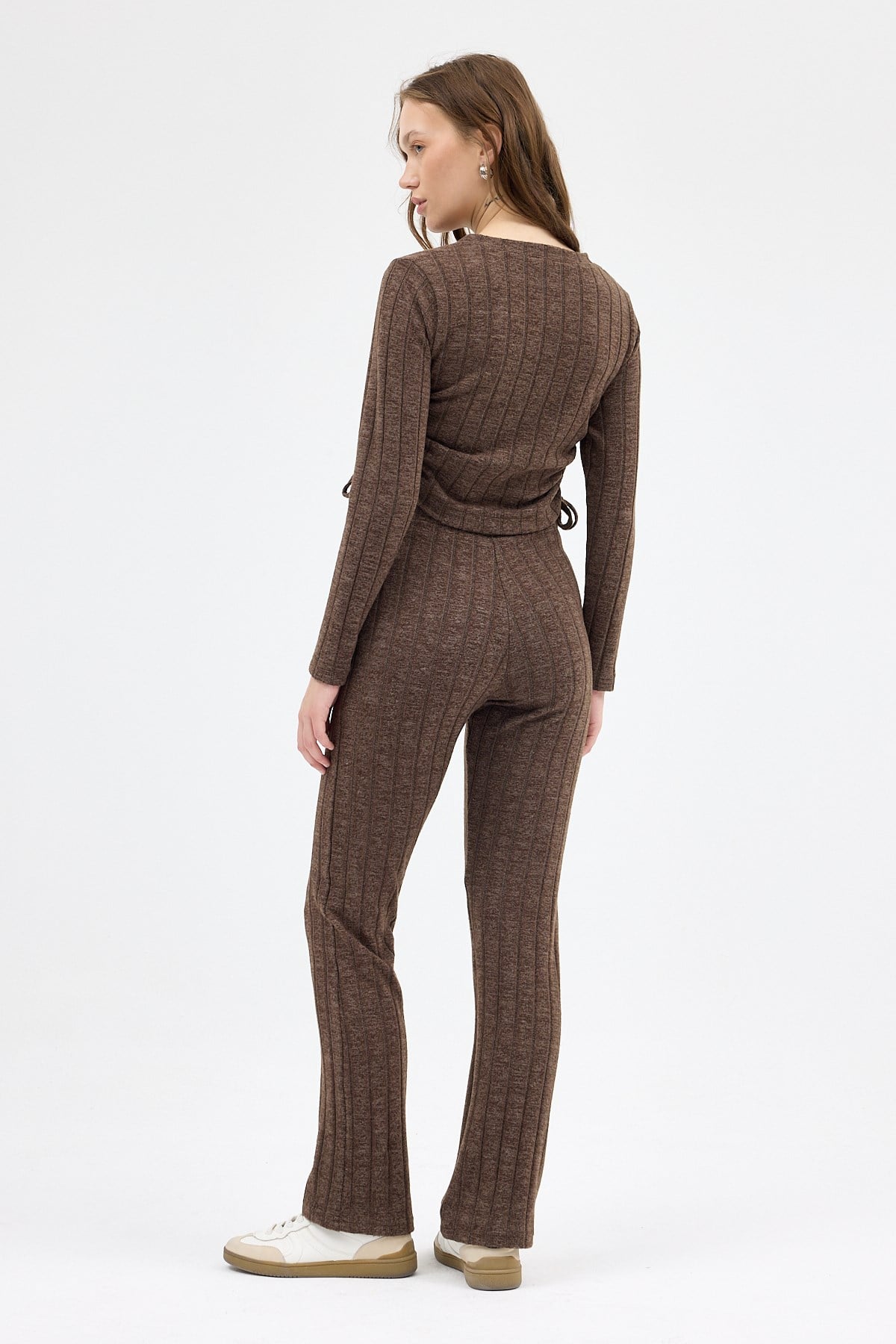 Kahve Fitilli Crop Bluz Pantolon İkili Takımı 8114A 5