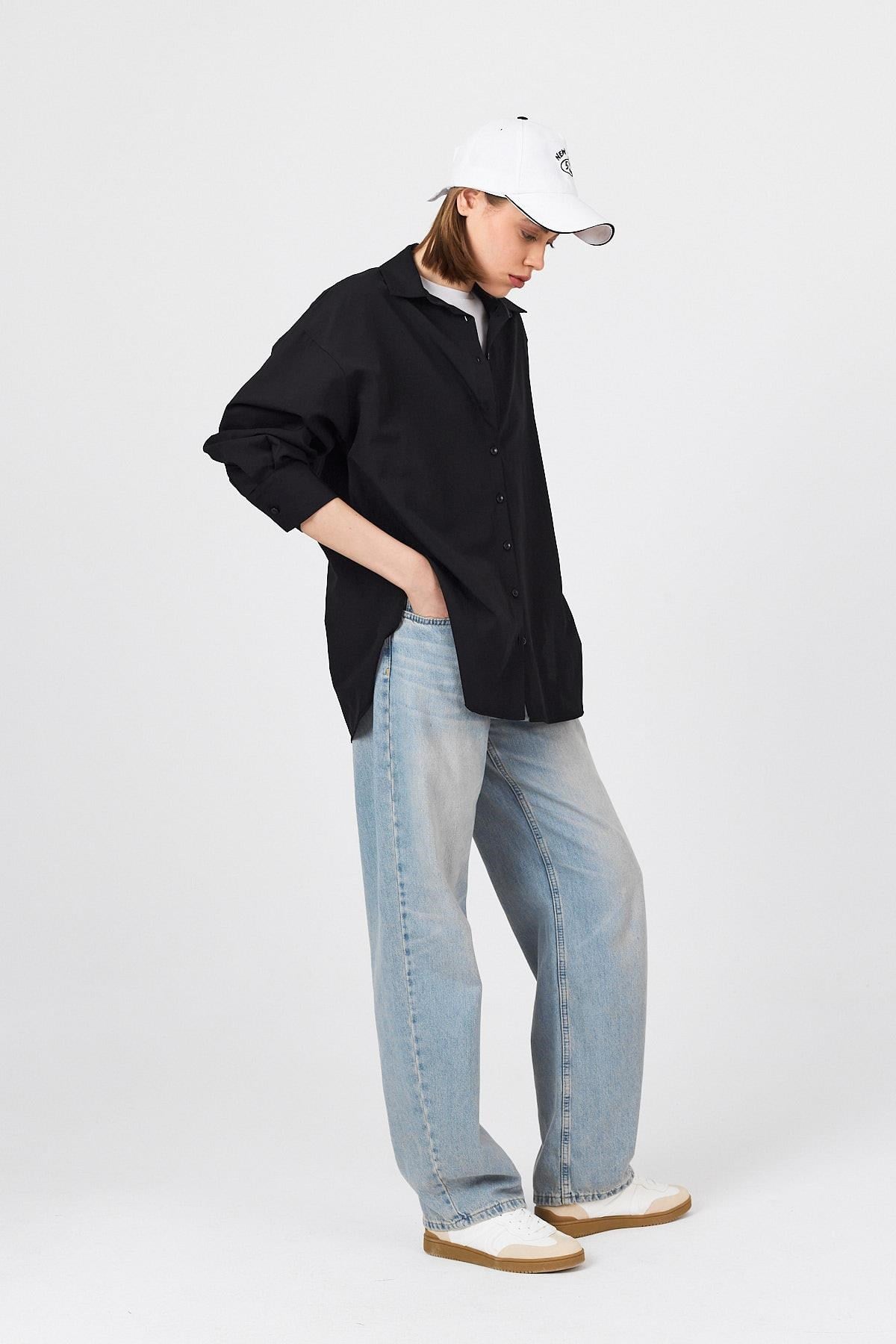 Siyah Oversize Basic Uzun Gömlek 4664A 8