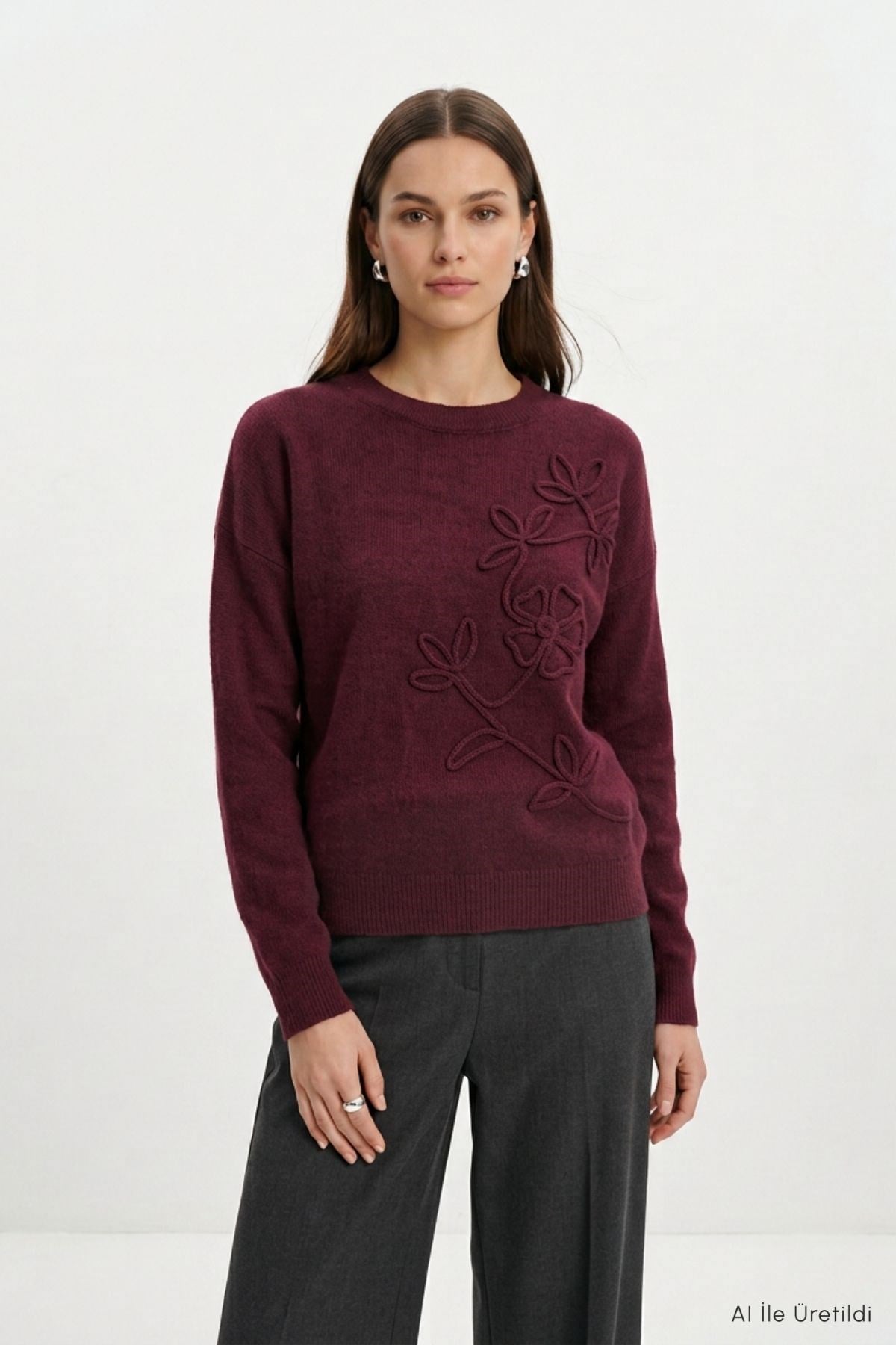 Çiçek Nakış Kazak 70056 Bordo 2