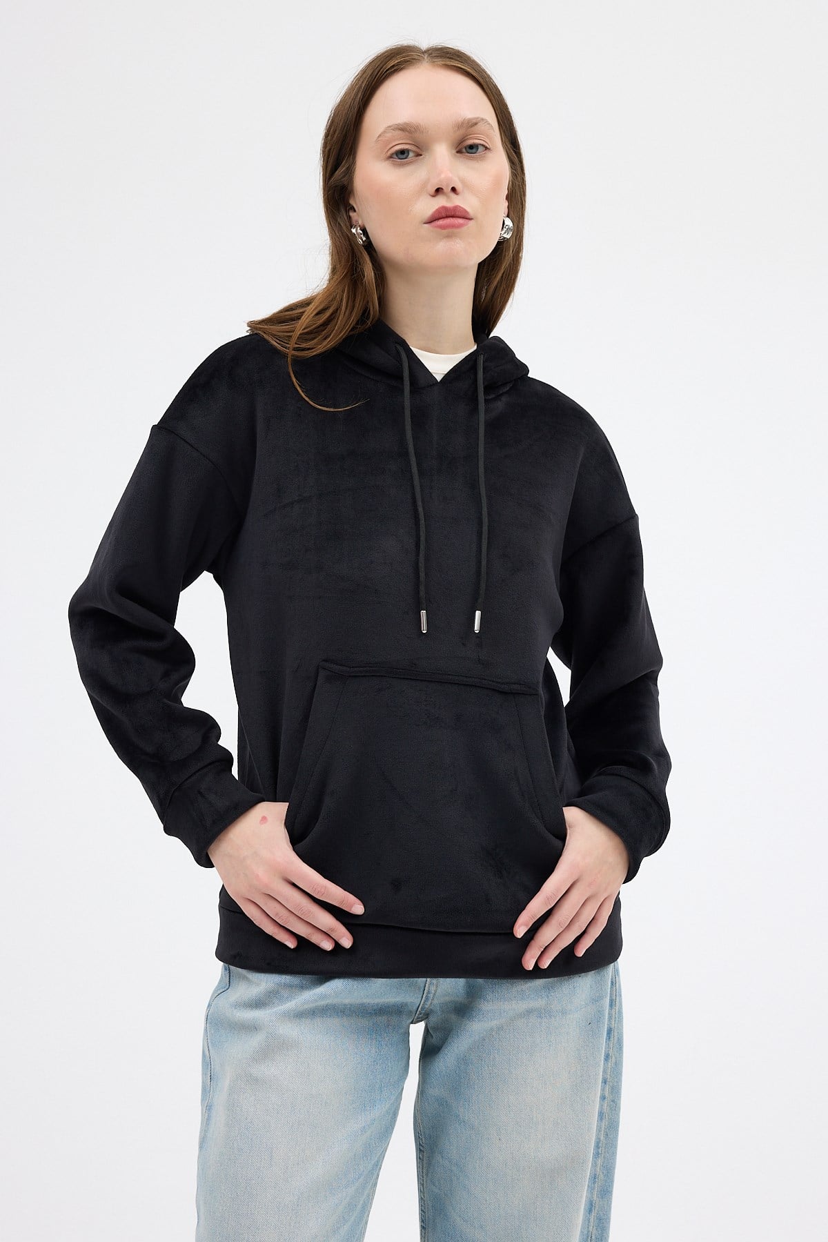 Siyah Kadın Peluş Kanguru Cepli Kapüşonlu Sweatshirt 3061A 6