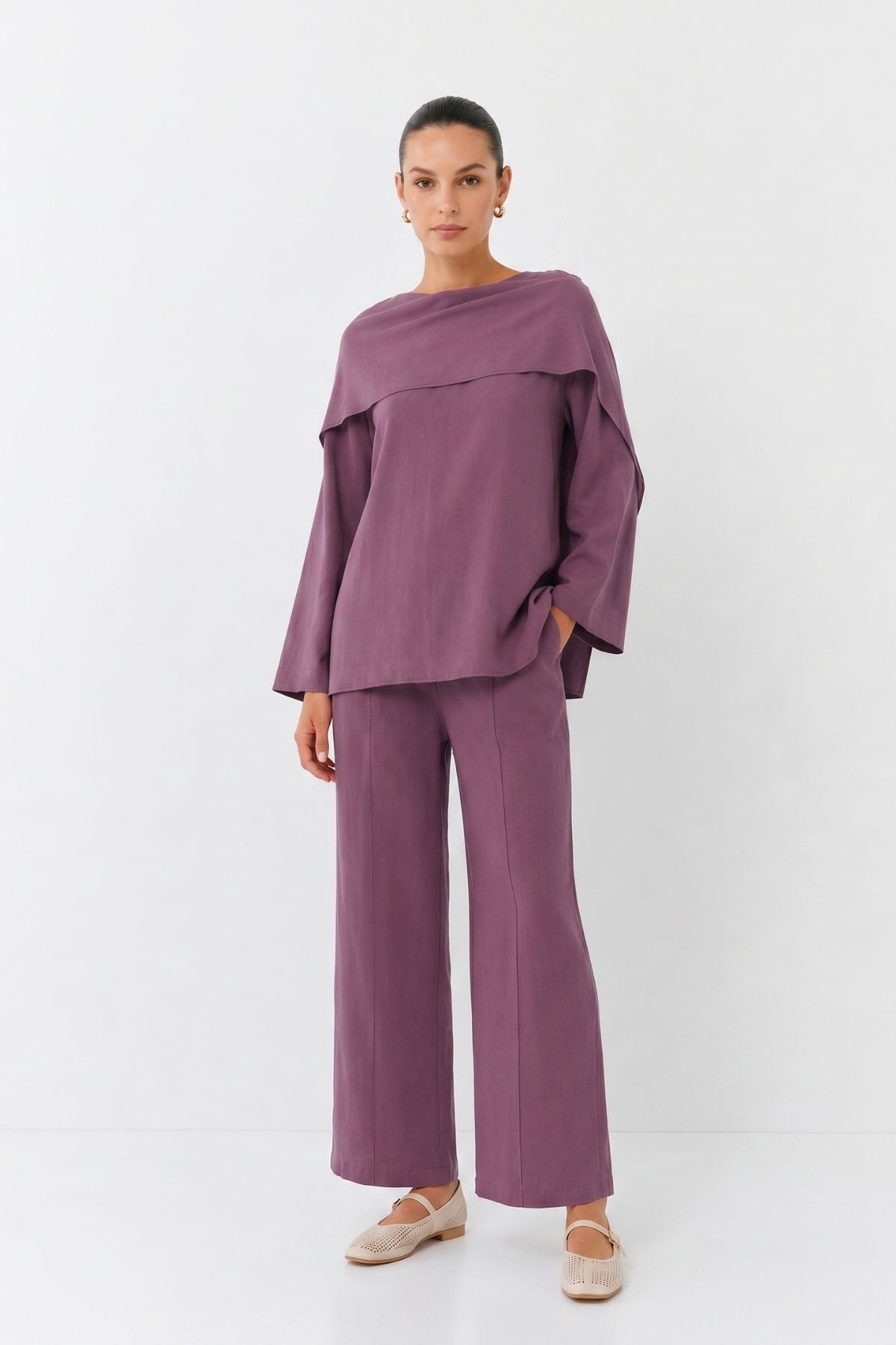 Şal Yaka Tunik  Pantolon Takım 6350 Mürdüm
