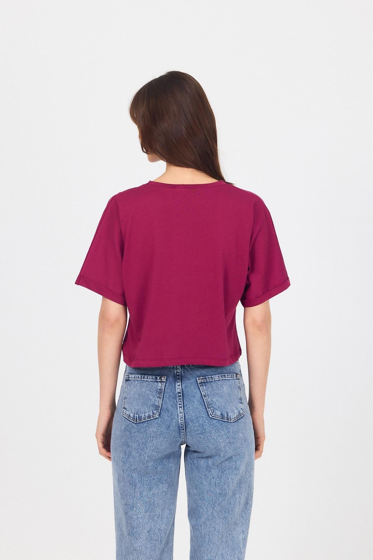 Bordo Cep Detaylı Bisiklet Yaka Crop Tişört 2136M 5