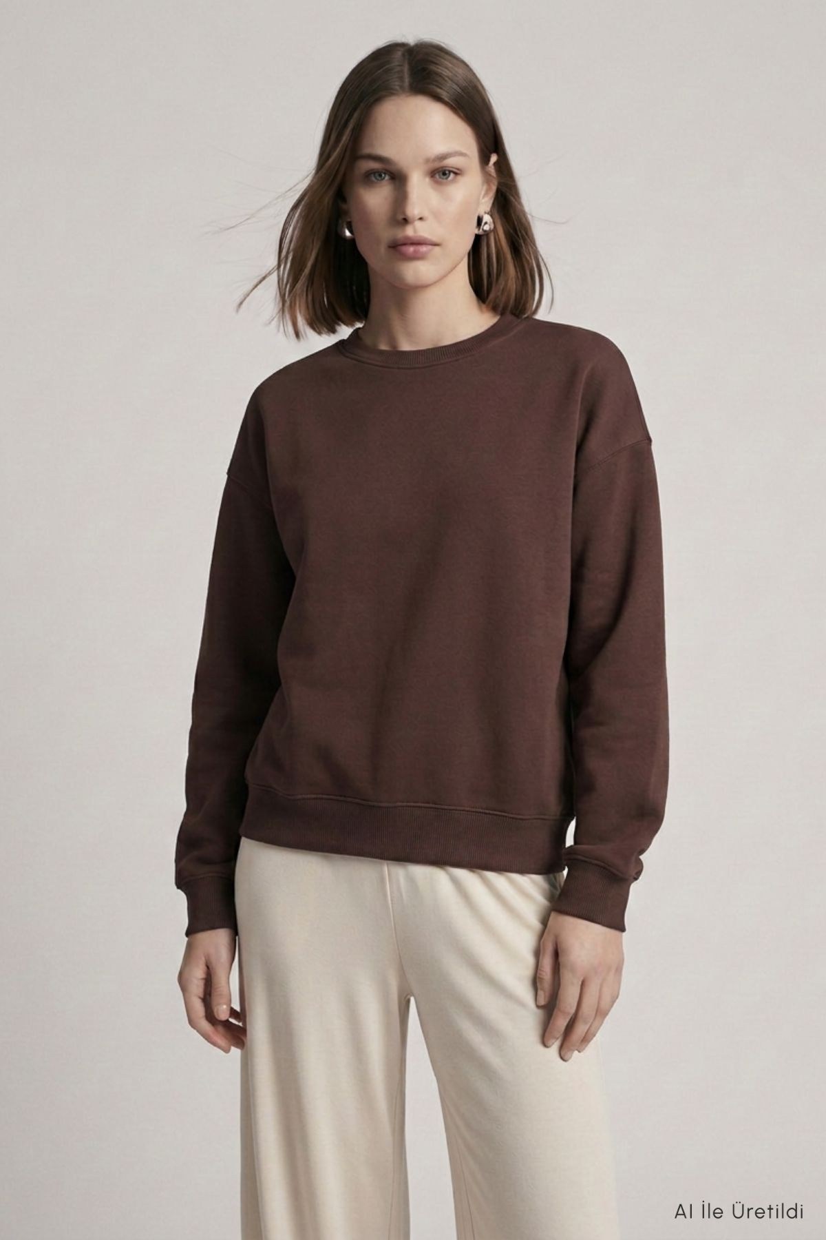 Bisiklet Yakalı Basic Oversize Sweatshirt 954 Kahve 2