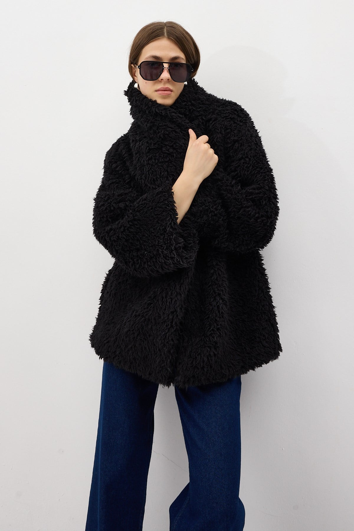 Siyah Çıt Çıtlı Peluş Kadın Kaban 8471 7