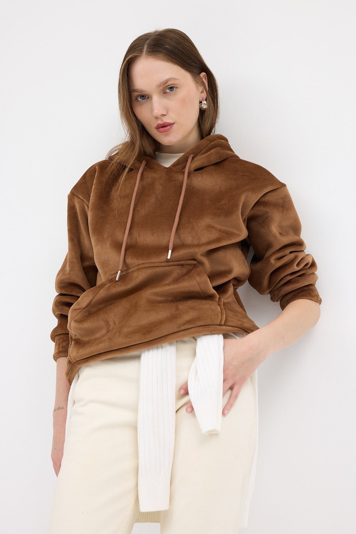Taba Kadın Peluş Kanguru Cepli Kapüşonlu Sweatshirt 3061A 7