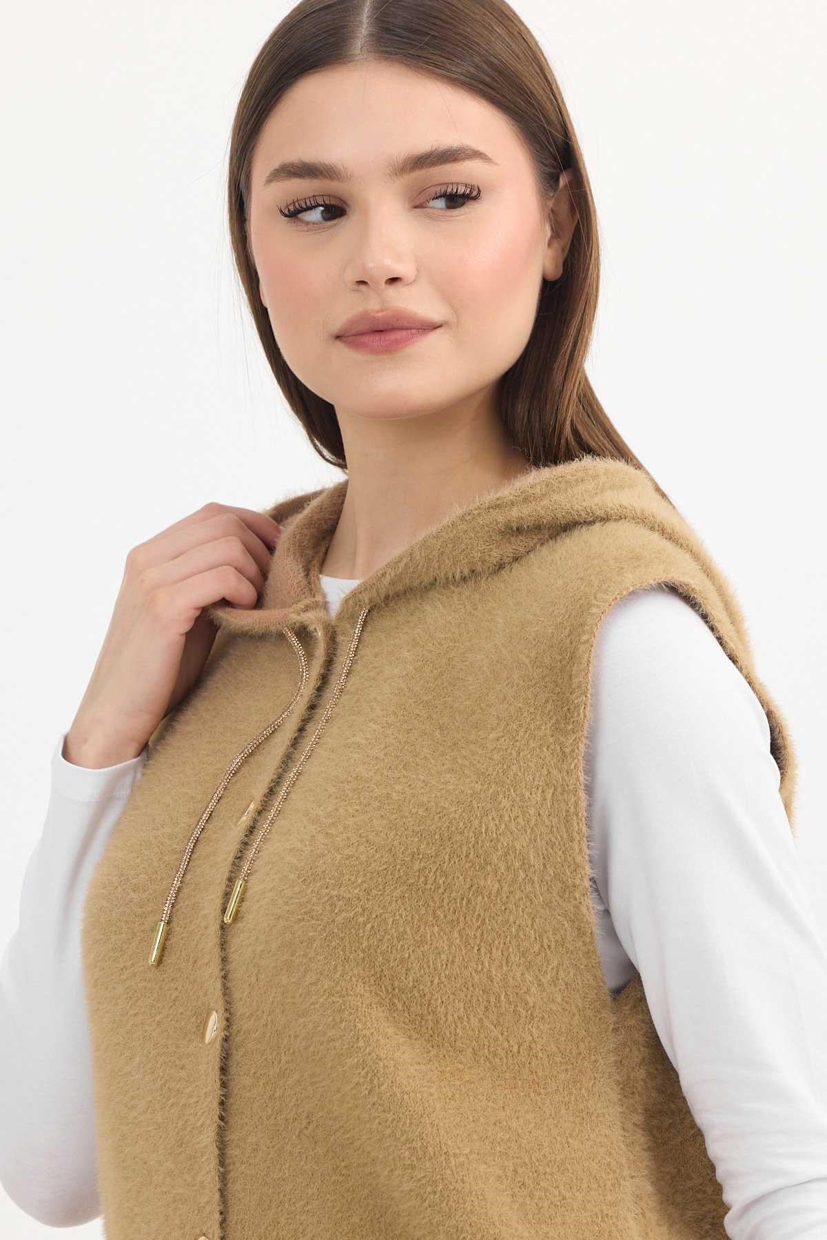 Kapüşonlu Yumoş Yelek 6681 Camel 4