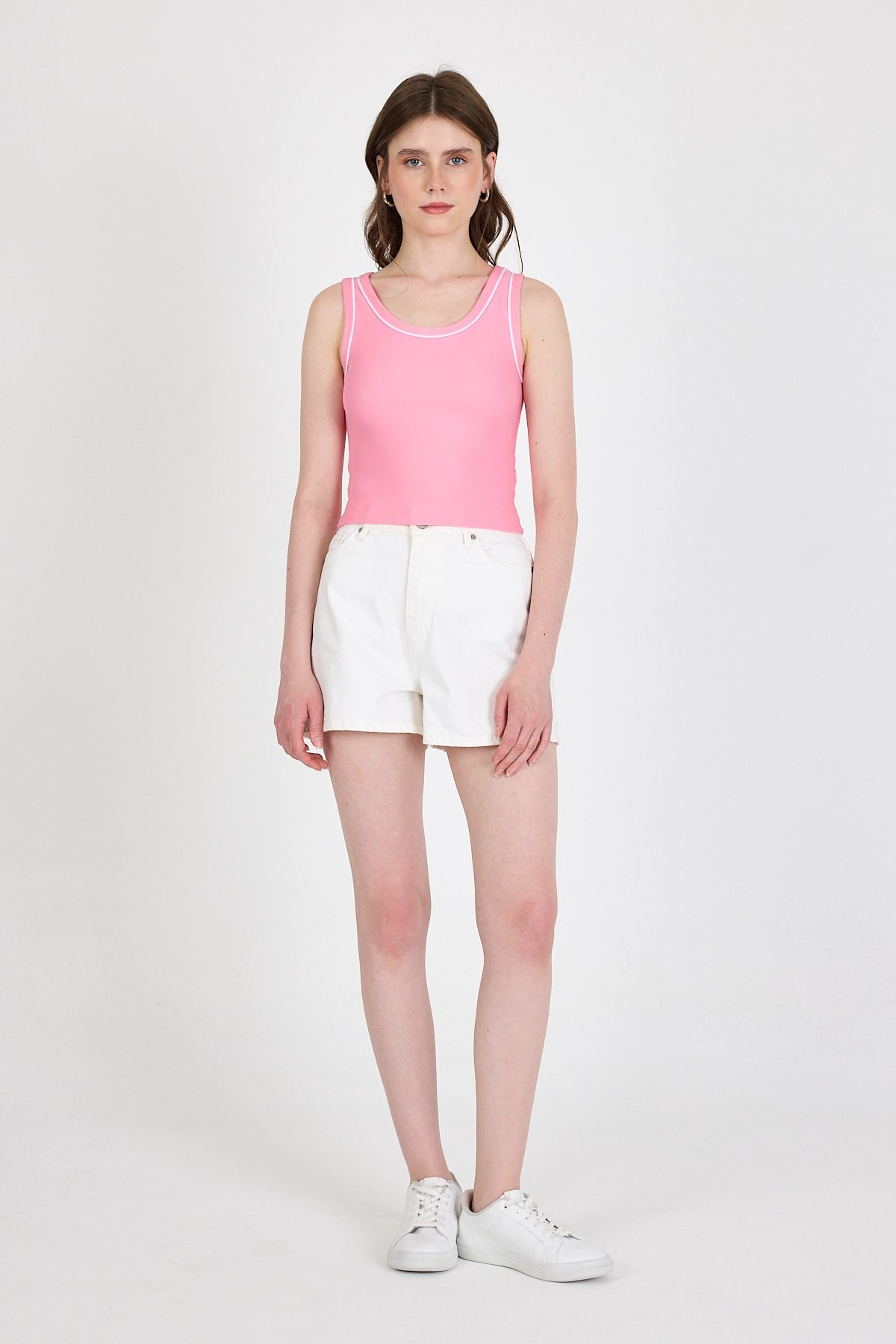Pembe Şerit Detaylı Örme Crop Atlet 1049 3