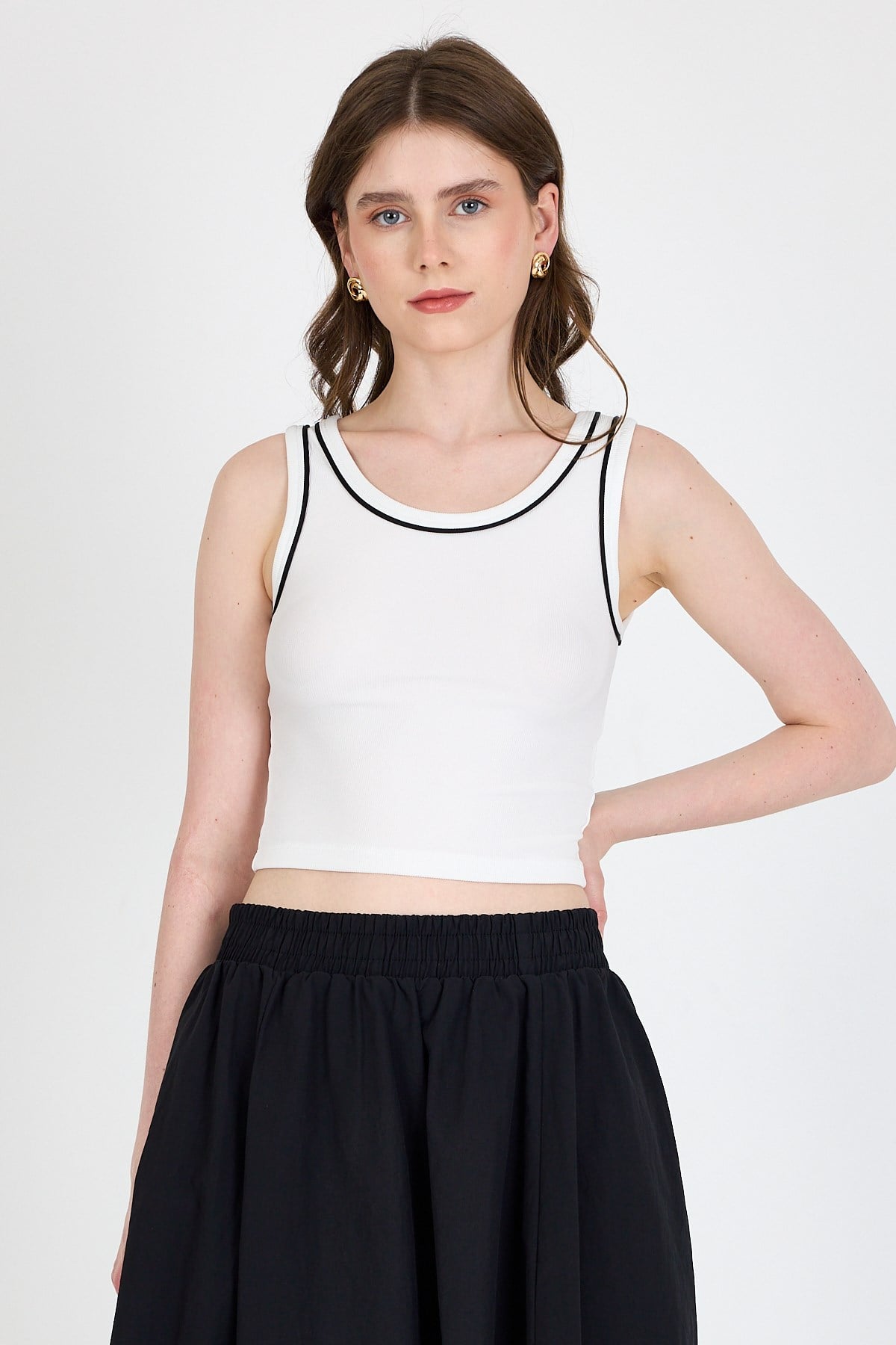 Ekru Şerit Detaylı Örme Crop Atlet 1049 6