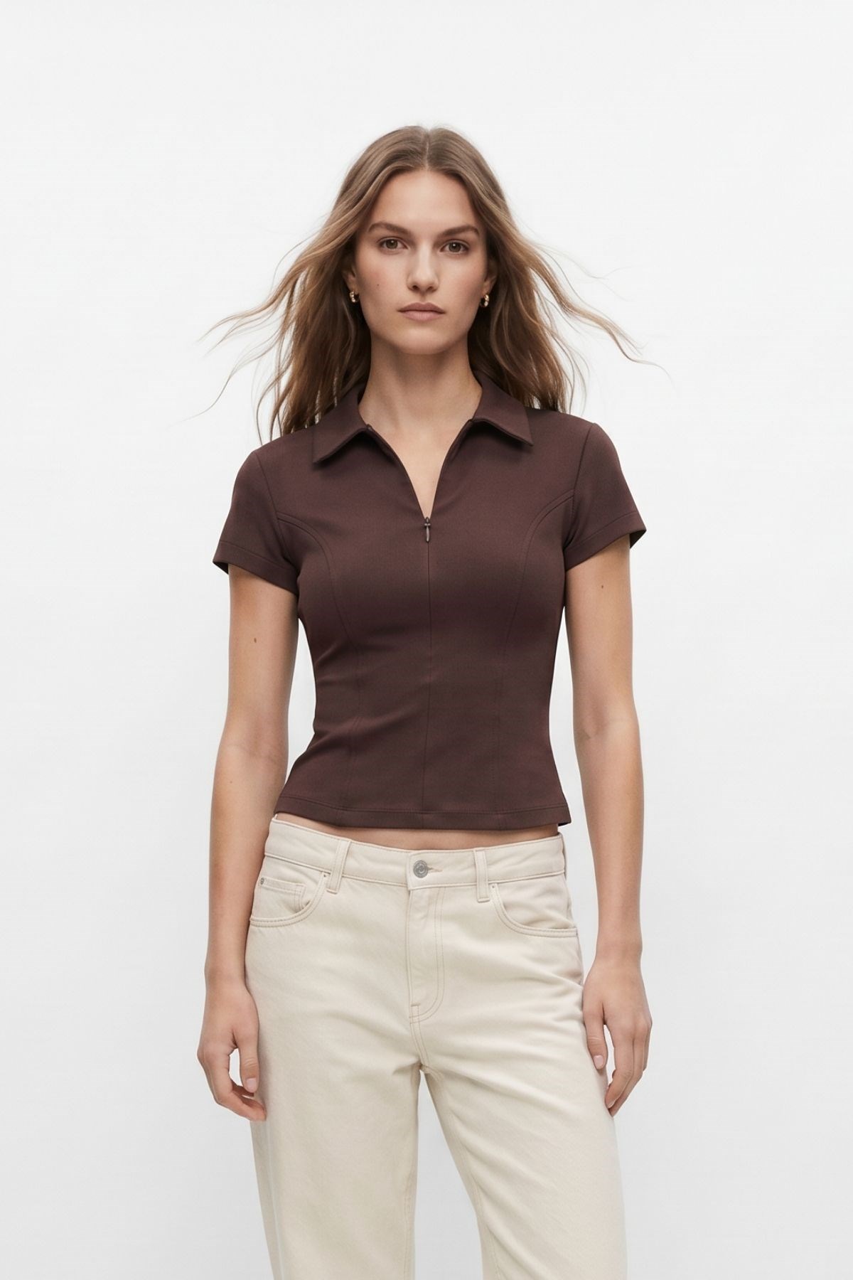 Polo Yaka Kısa Kol Crop Tişört 26651 Kahve