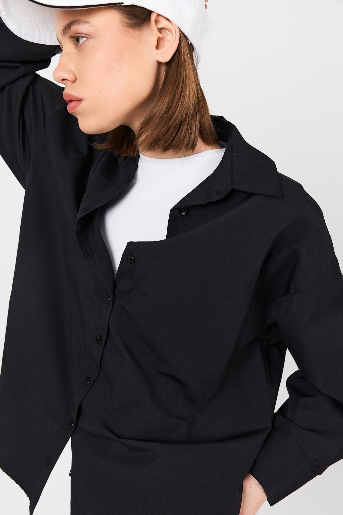 Siyah Oversize Basic Uzun Gömlek 4664A 4