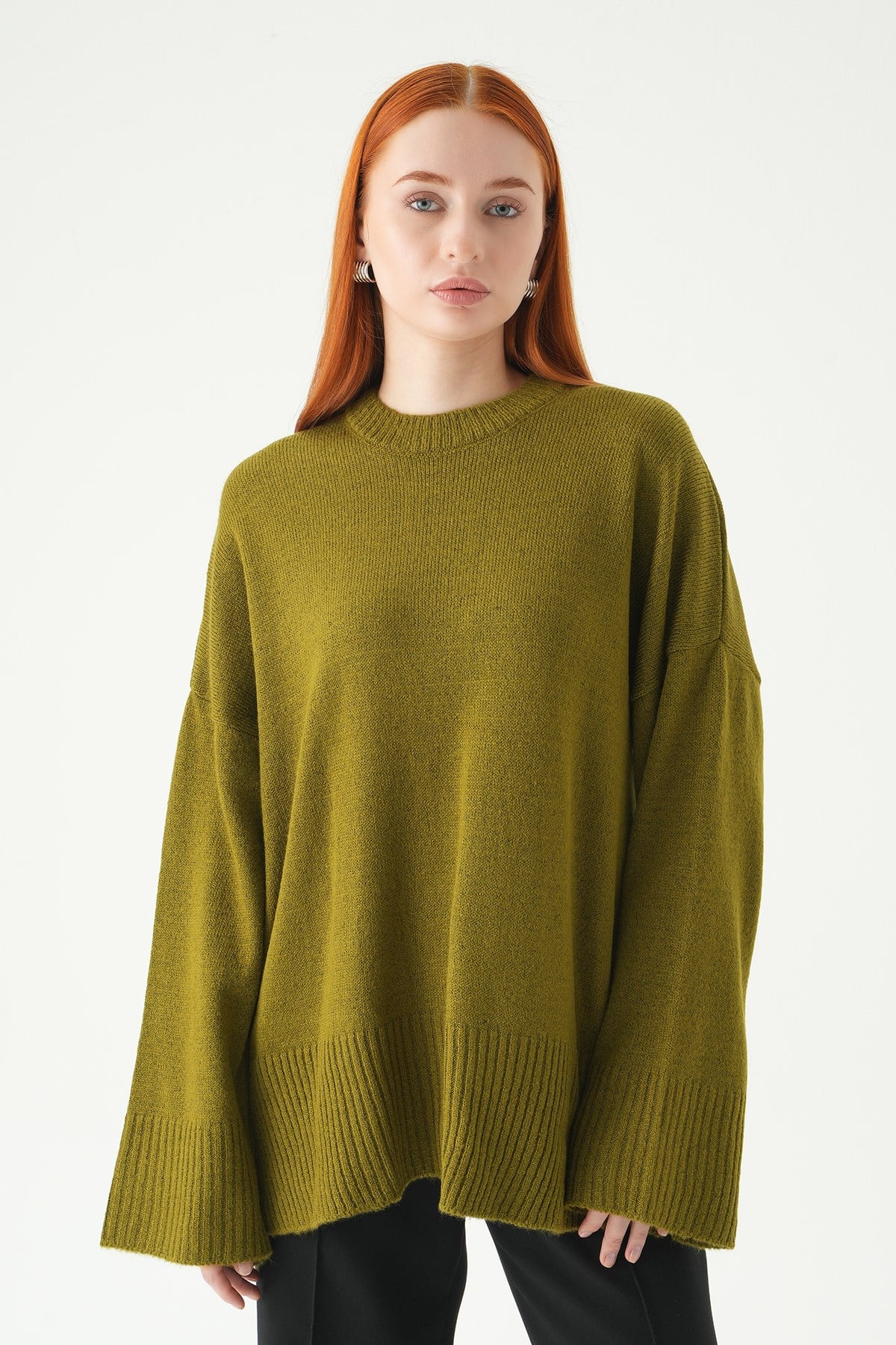 Bisiklet Yaka Oversize Kazak 2450 Yağ Yeşili