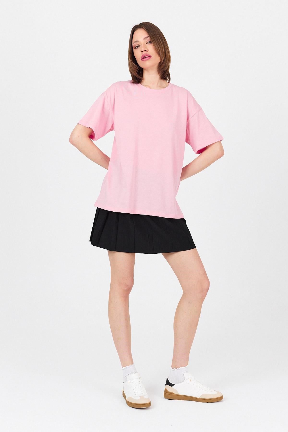 Pembe Arka Yazı Baskılı Kalpli %100 Pamuk Oversize Tişört 2150-33M 3