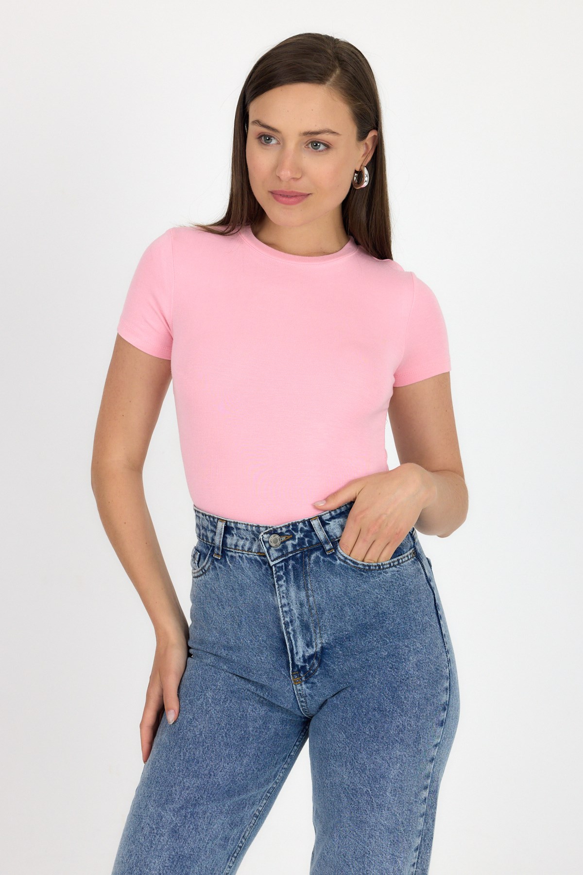 Pembe Viskoz/Yumuşak Kumaş Slim Fit Tişört 1468