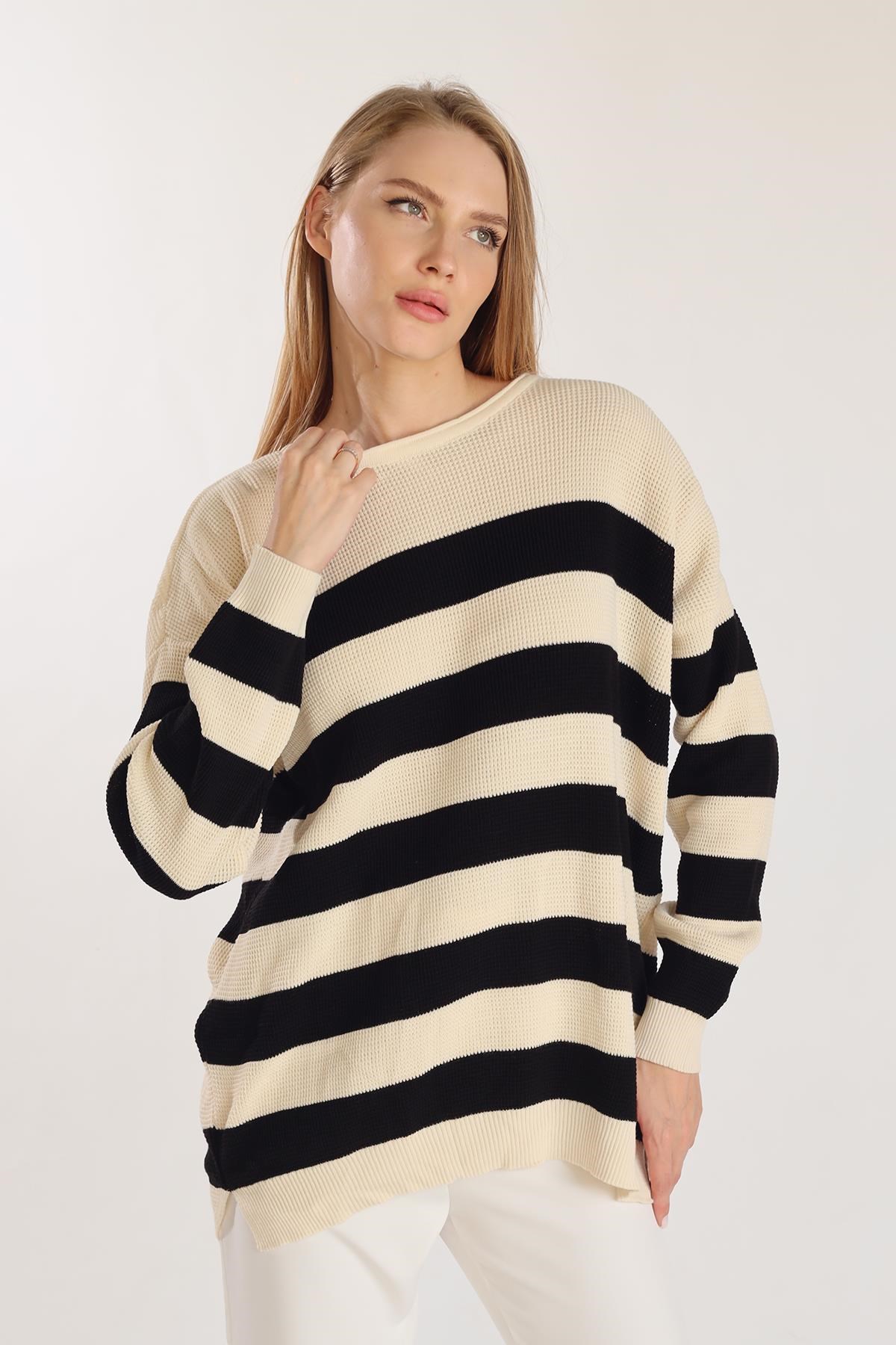 Bisiklet Yaka Çizgili Tunik 5380 Ekru