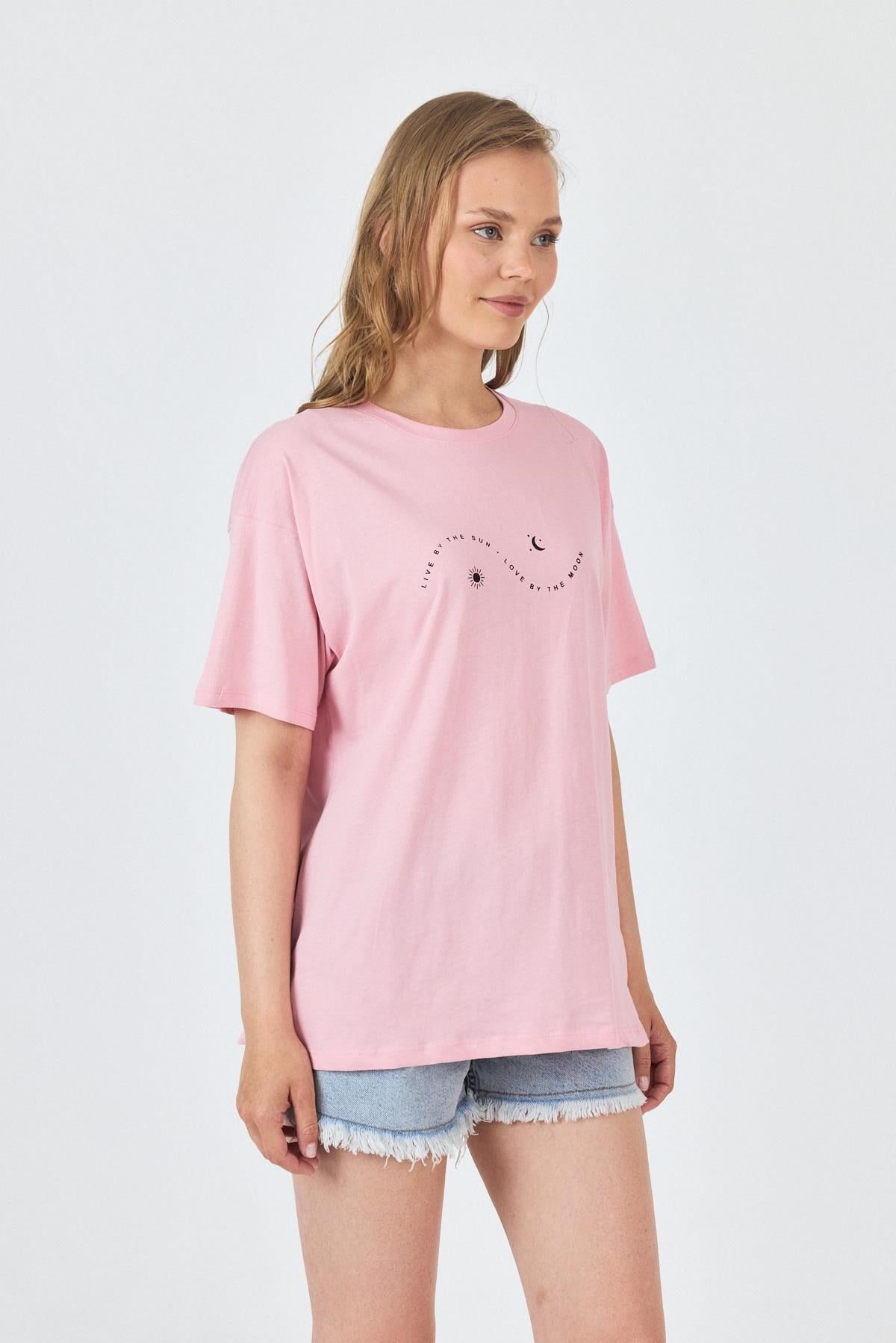 Pembe Yazı Baskılı Oversize Pamuklu Tişört 2150-32M 3