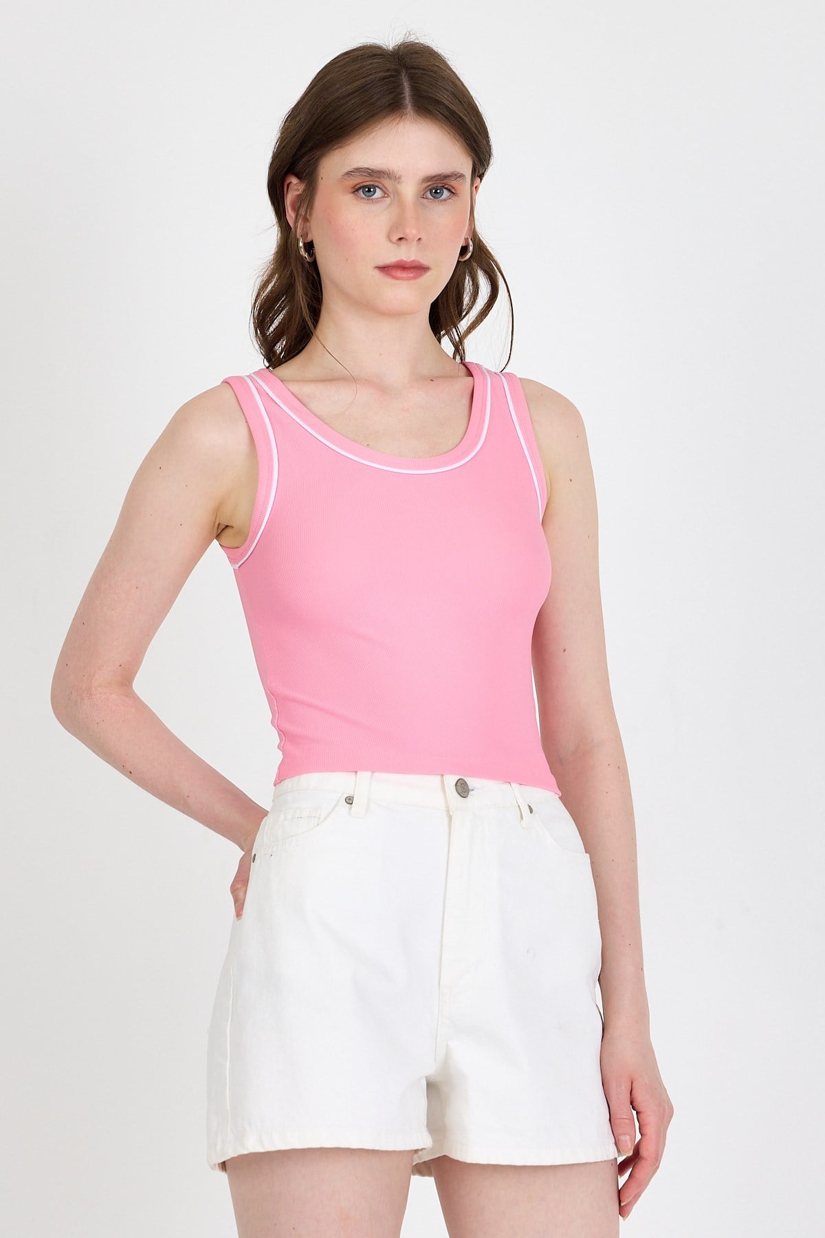 Pembe Şerit Detaylı Örme Crop Atlet 1049 6